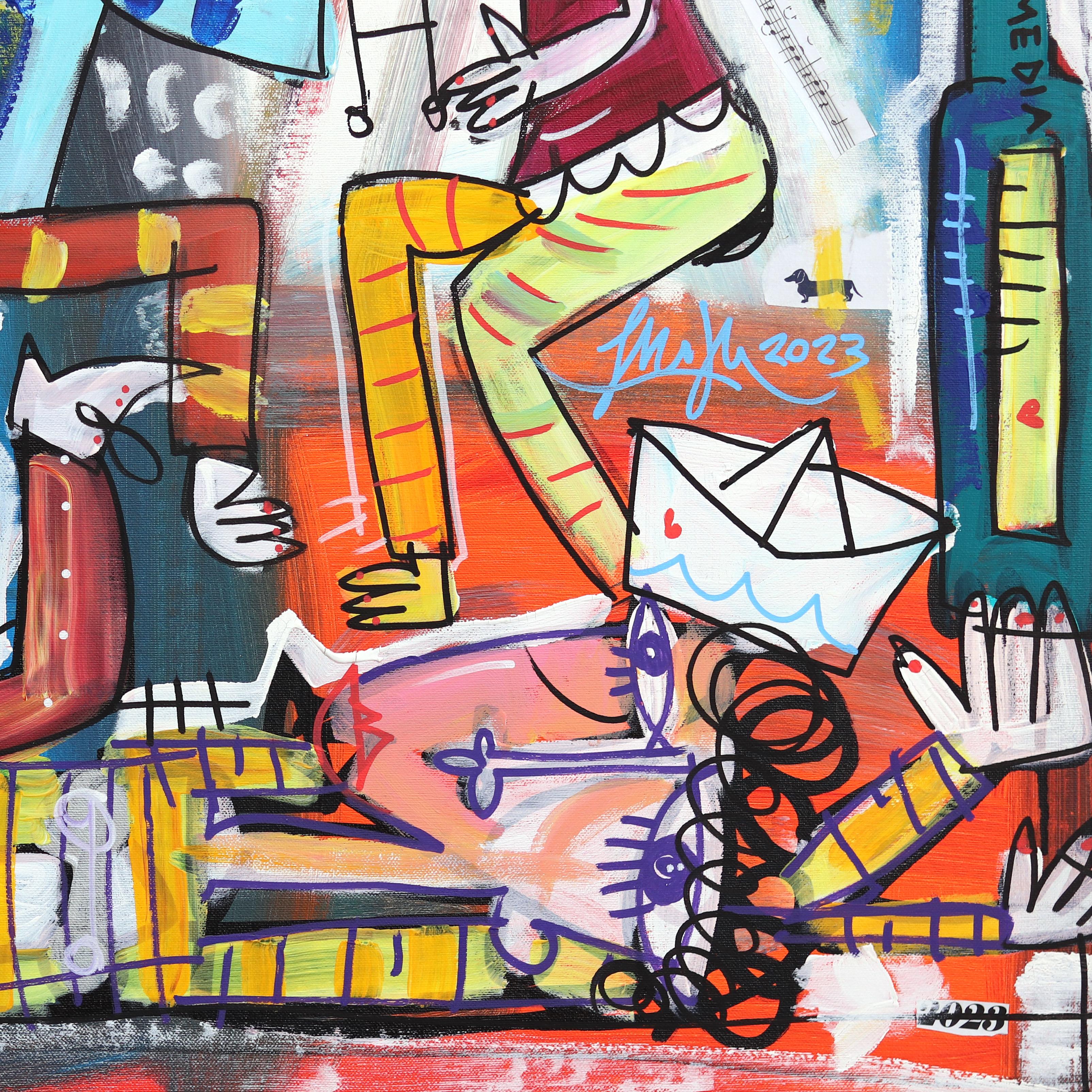 White Boat Party - Peinture cubiste abstraite originale aux couleurs vibrantes en vente 5