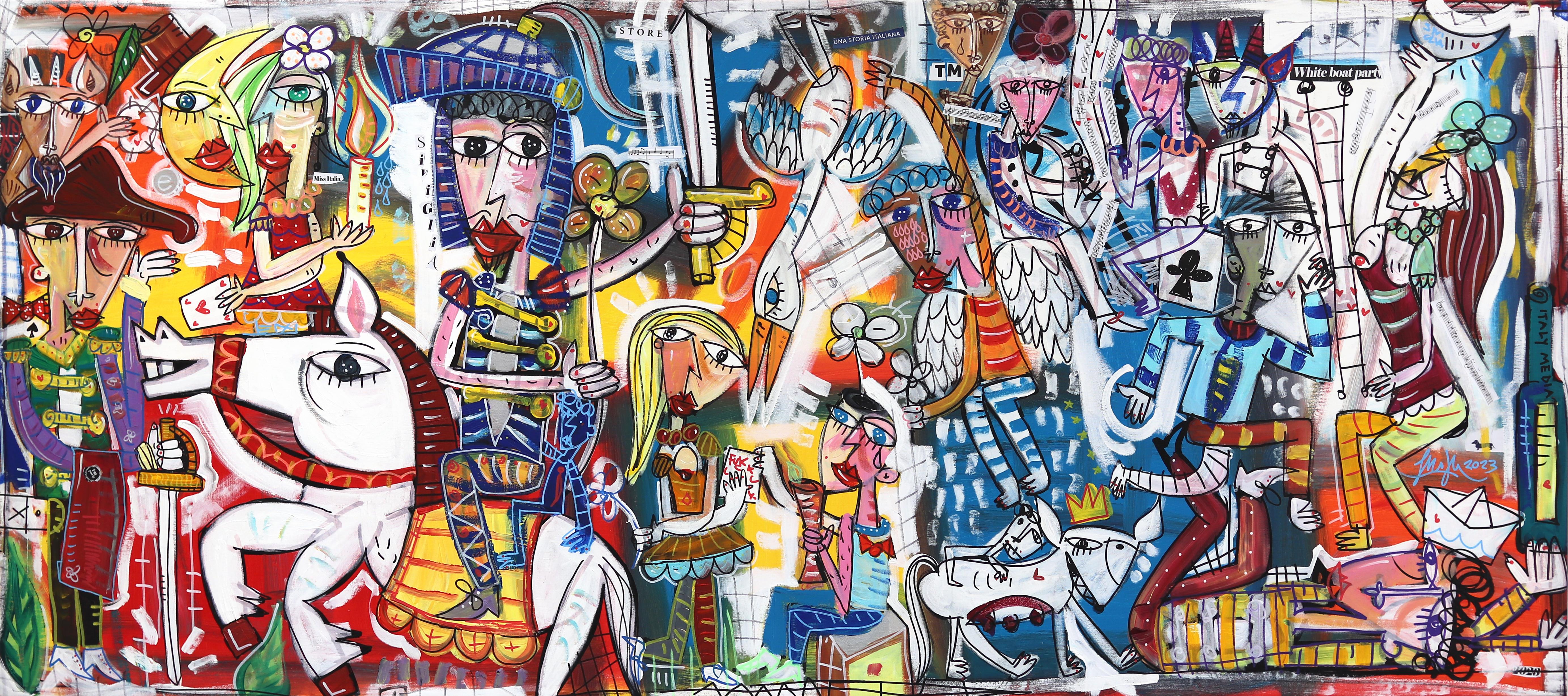 White Boat Party - Peinture cubiste abstraite originale aux couleurs vibrantes - Mixed Media Art de Alessandro Siviglia