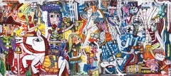 White Boat Party - Peinture cubiste abstraite originale aux couleurs vibrantes