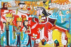 L'Altra Parte – Originelles, farbenfrohes, abstraktes, figuratives, kubistisches Mixed-Media-Kunstwerk