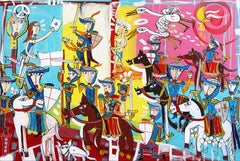 L'Esercito – Originelles, farbenfrohes, abstraktes, figuratives, kubistisches Mixed-Media-Kunstwerk