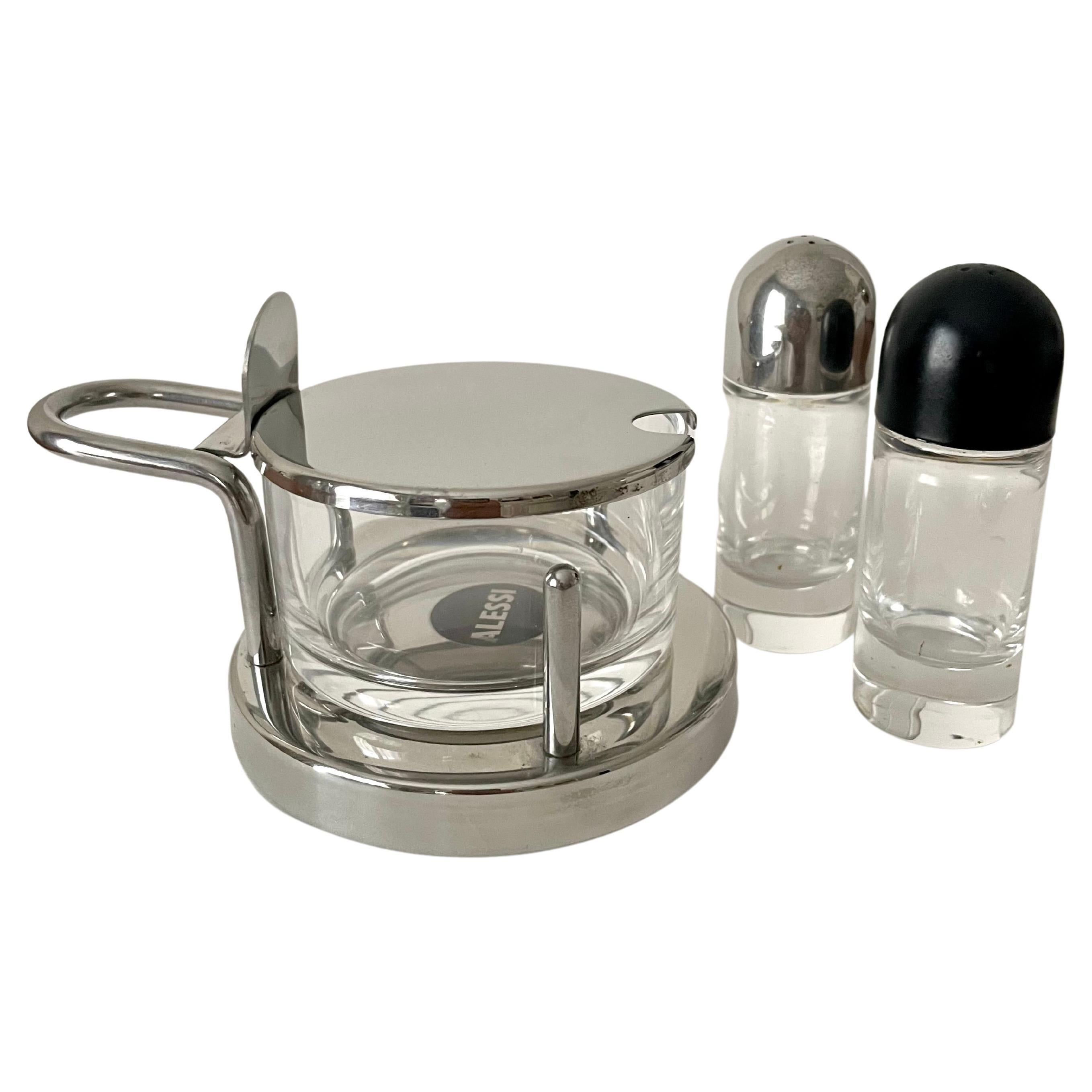 Alessi Italian Glass and Stainless Sugar Salt Pepper Set
