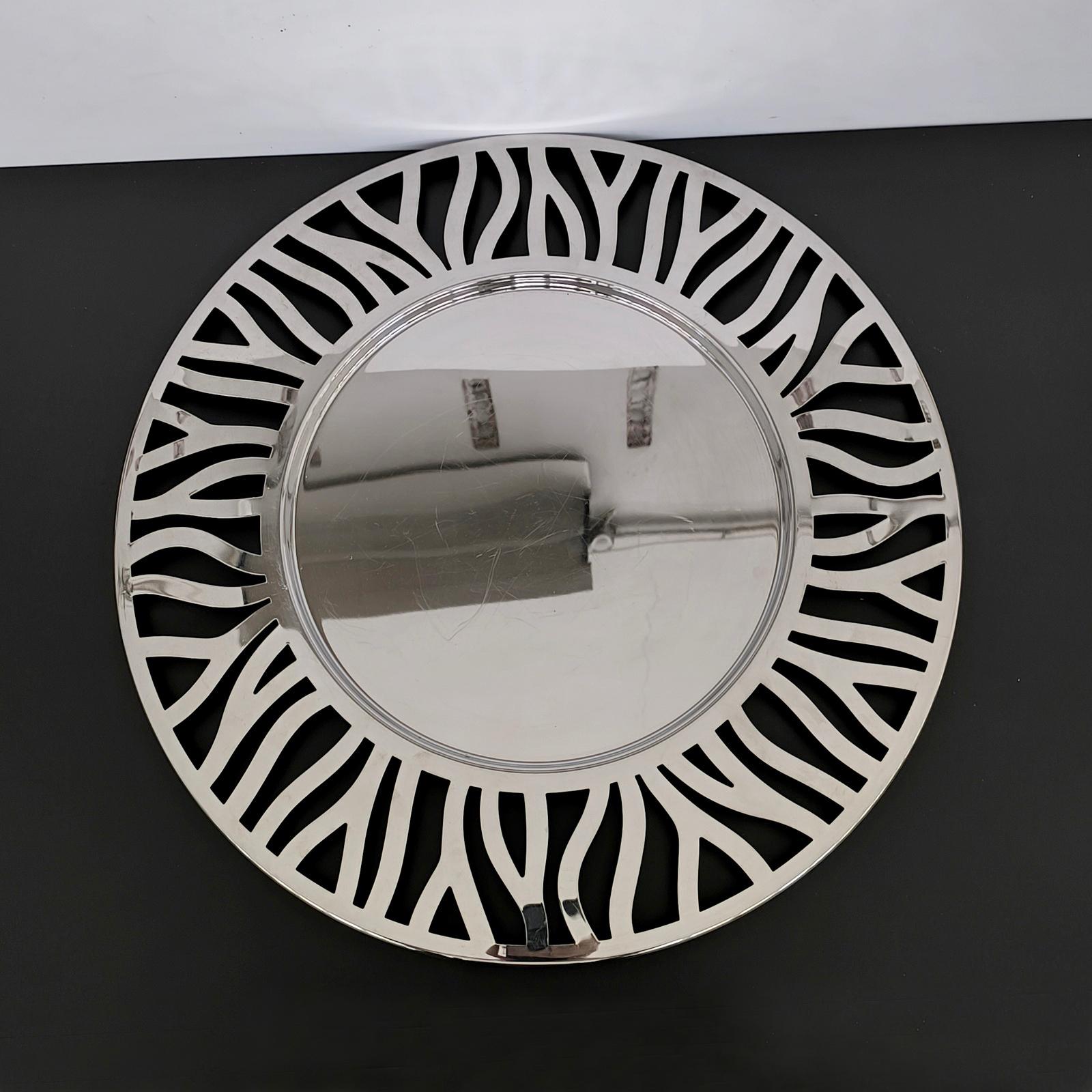 italien Alessi Plateau rond en acier inoxydable poli Postmoderne en vente