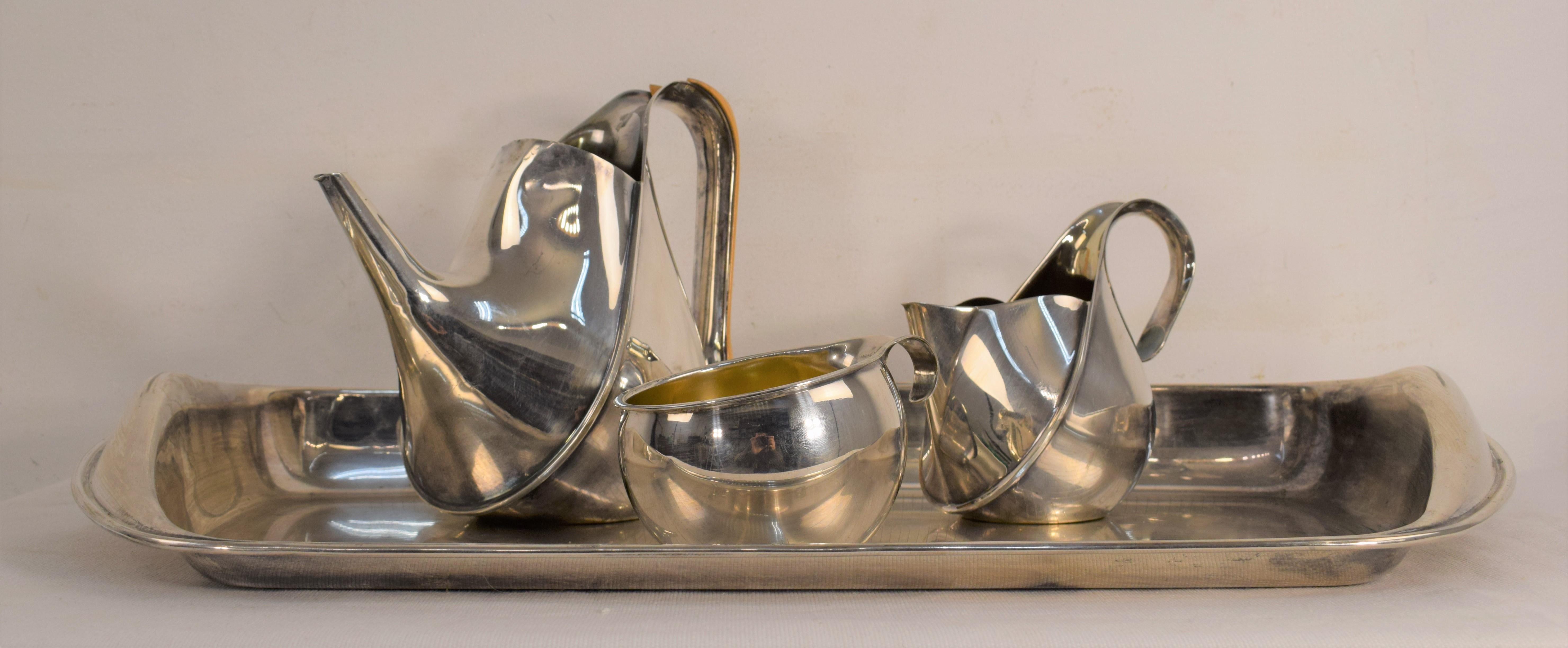 Mid-Century Modern Alessi Silver Wet Steel Tea Set Oronda “Oscar Tusquets”, 1983.