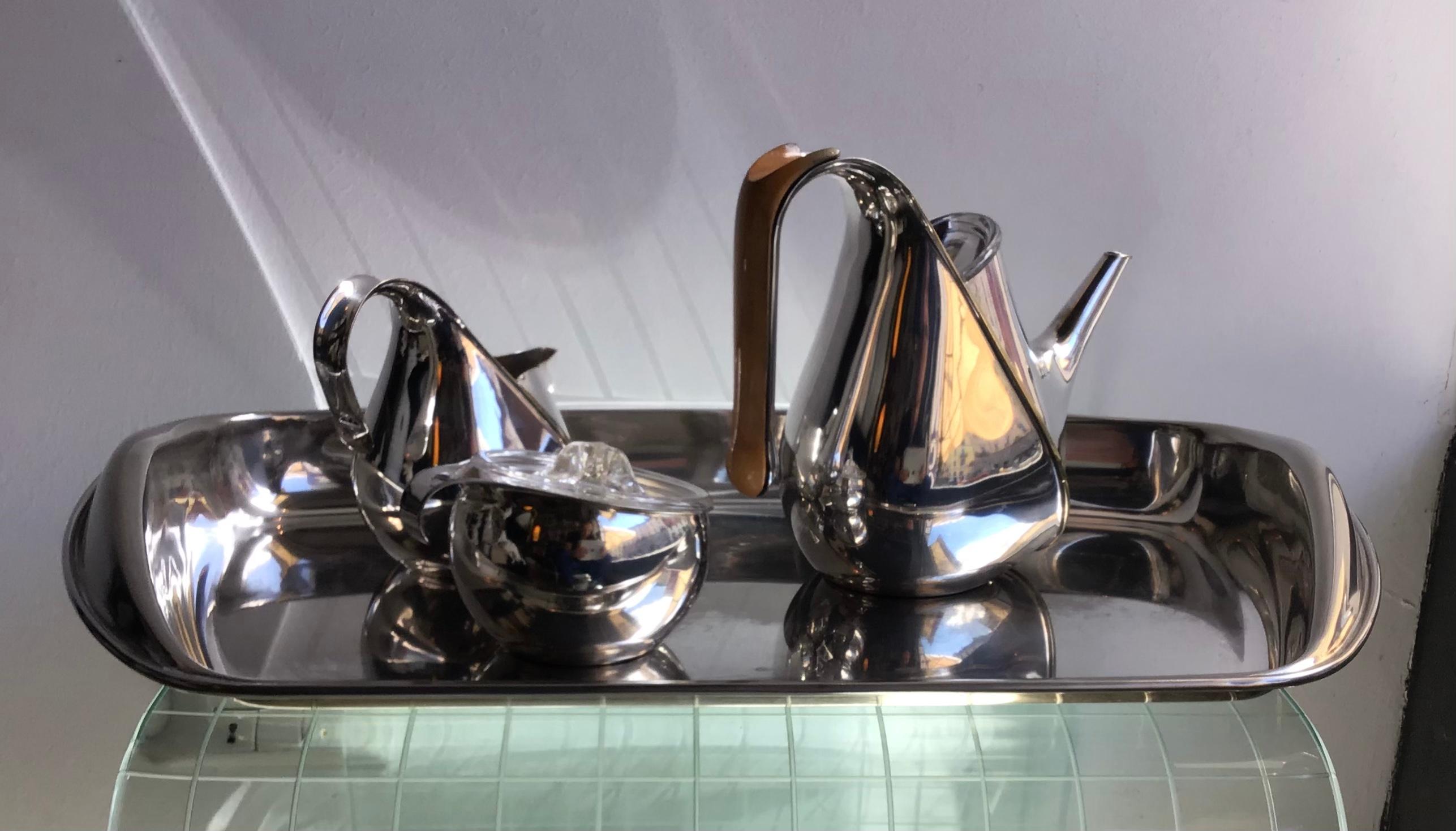 Silver Plate Alessi Silver Wet Steel Tea Set  Oronda “Oscar Tusquets” Silver Wood Glass, 1983 For Sale