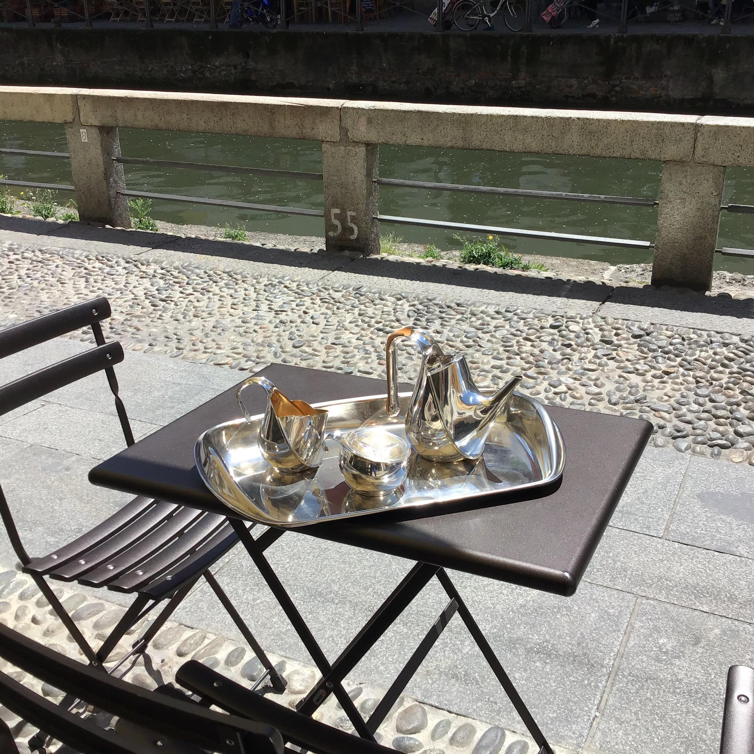Alessi silver wet steel tea set “Oronda “by Oscar Tusquets silver wood glass 1983 Italy.