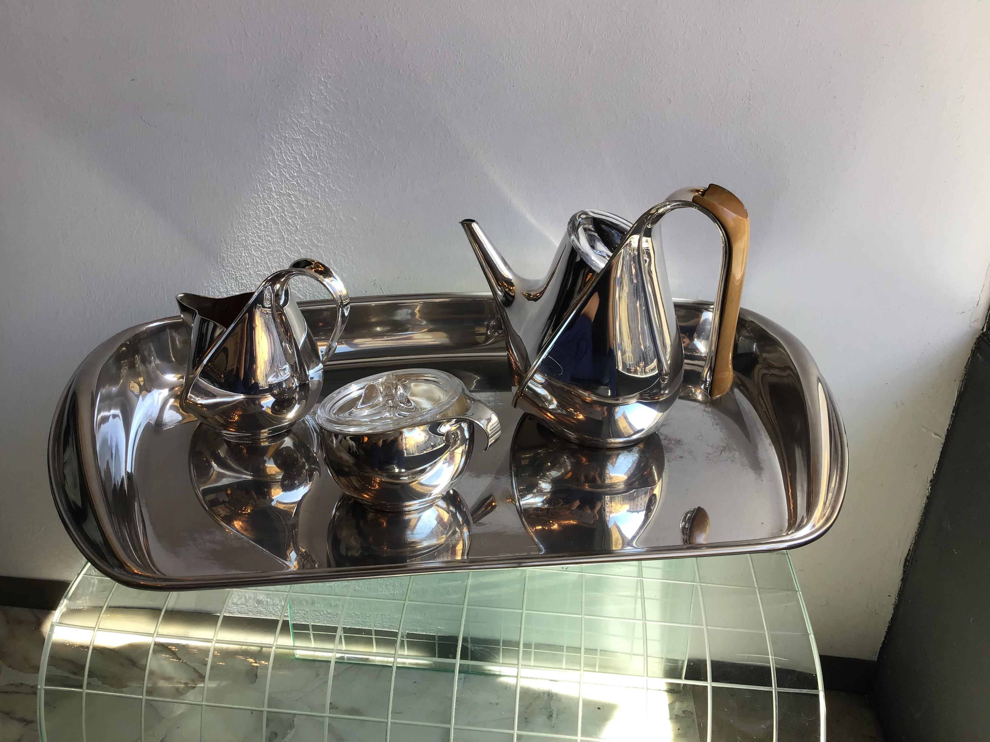 Other Alessi Silver Wet Steel Tea Set  Oronda “Oscar Tusquets” Silver Wood Glass, 1983 For Sale