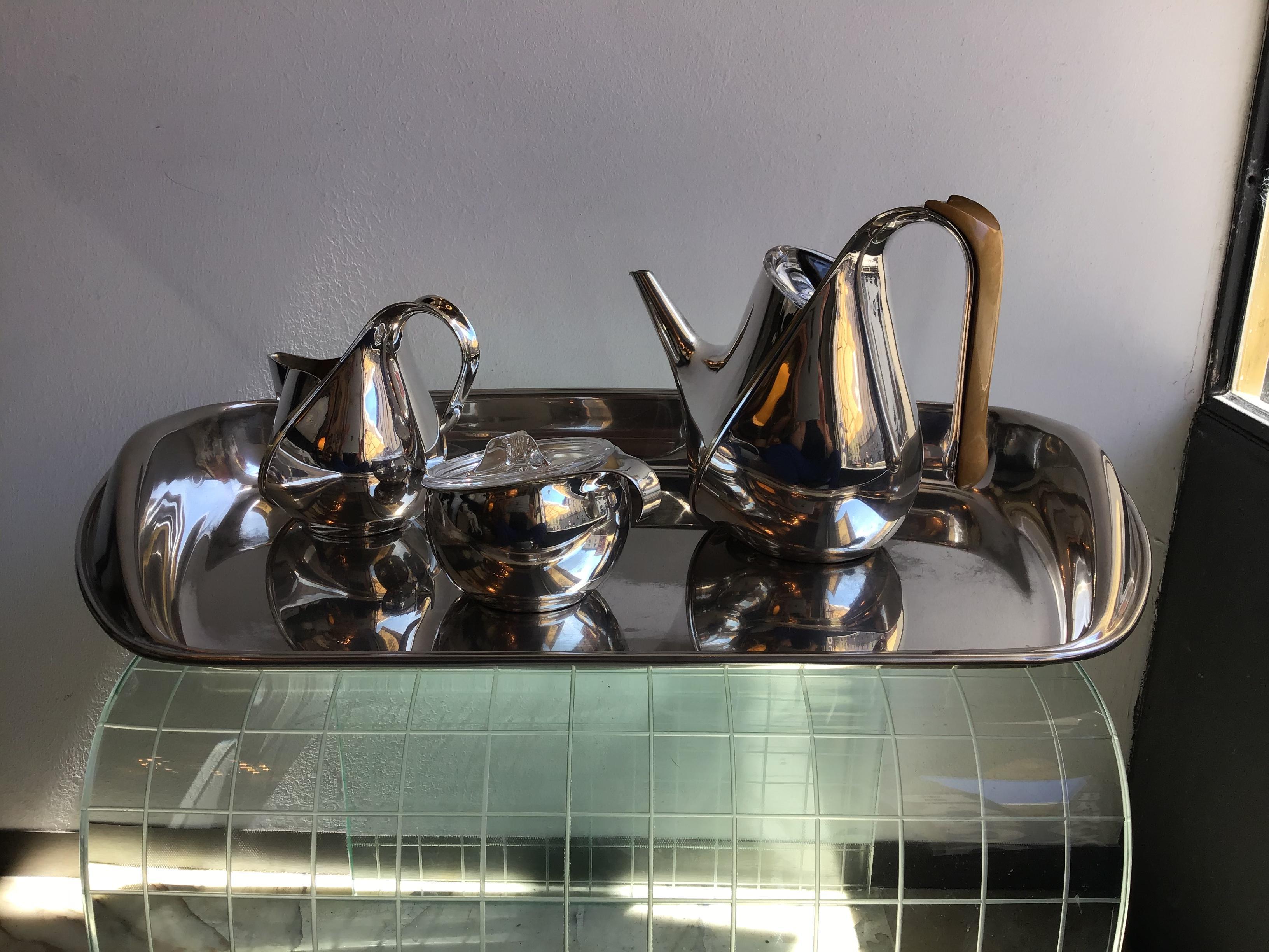 Italian Alessi Silver Wet Steel Tea Set  Oronda “Oscar Tusquets” Silver Wood Glass, 1983 For Sale