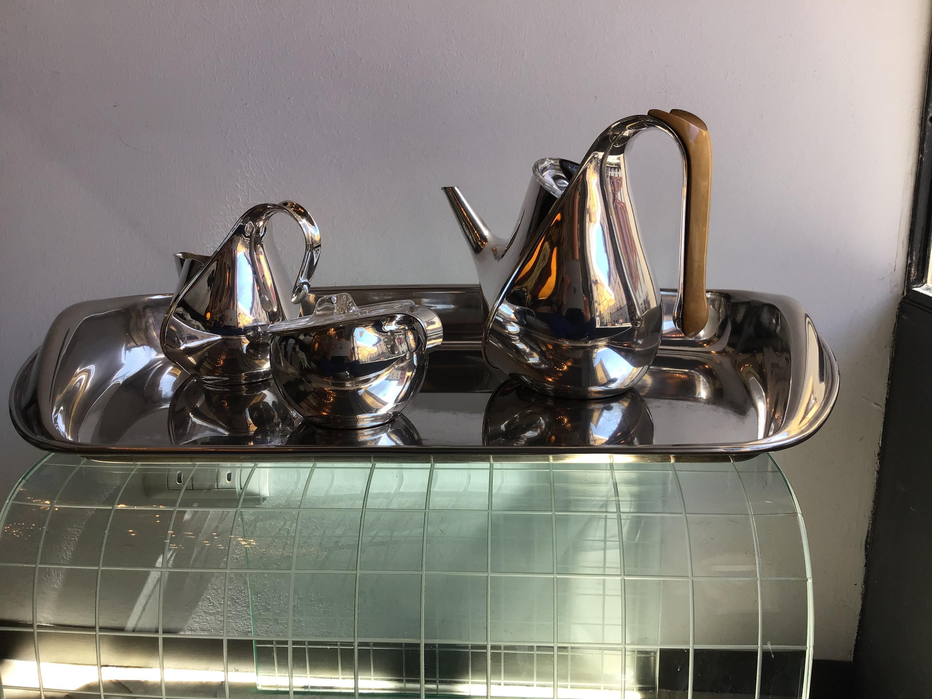 Alessi Silver Wet Steel Tea Set  Oronda “Oscar Tusquets” Silver Wood Glass, 1983 In Good Condition For Sale In Milano, IT