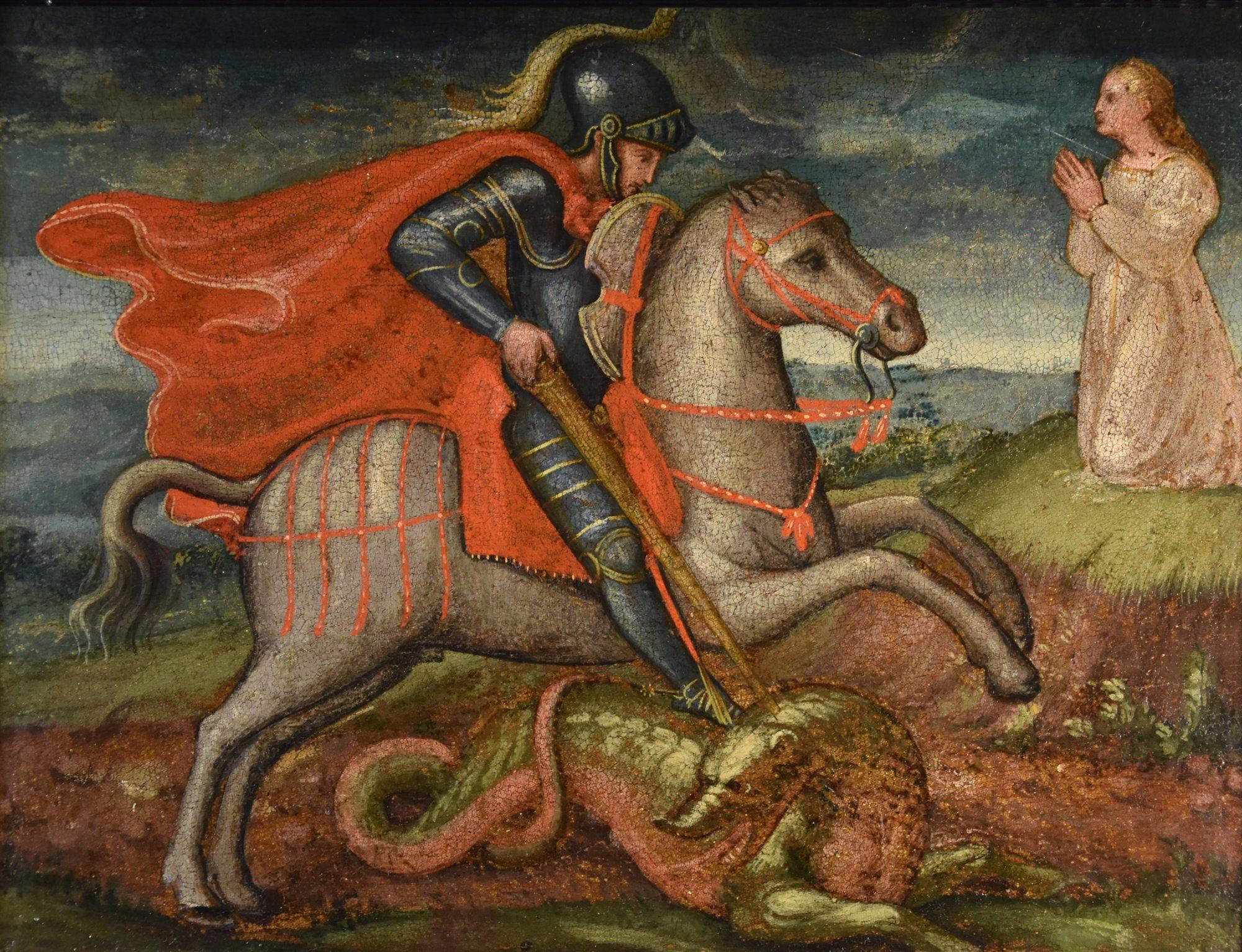 Alessio Baldovinetti (Florence, 1427 - 1499) Portrait Painting - Saint George Dragon Baldovinetti Paint 15th Century Oil on table Old master Art