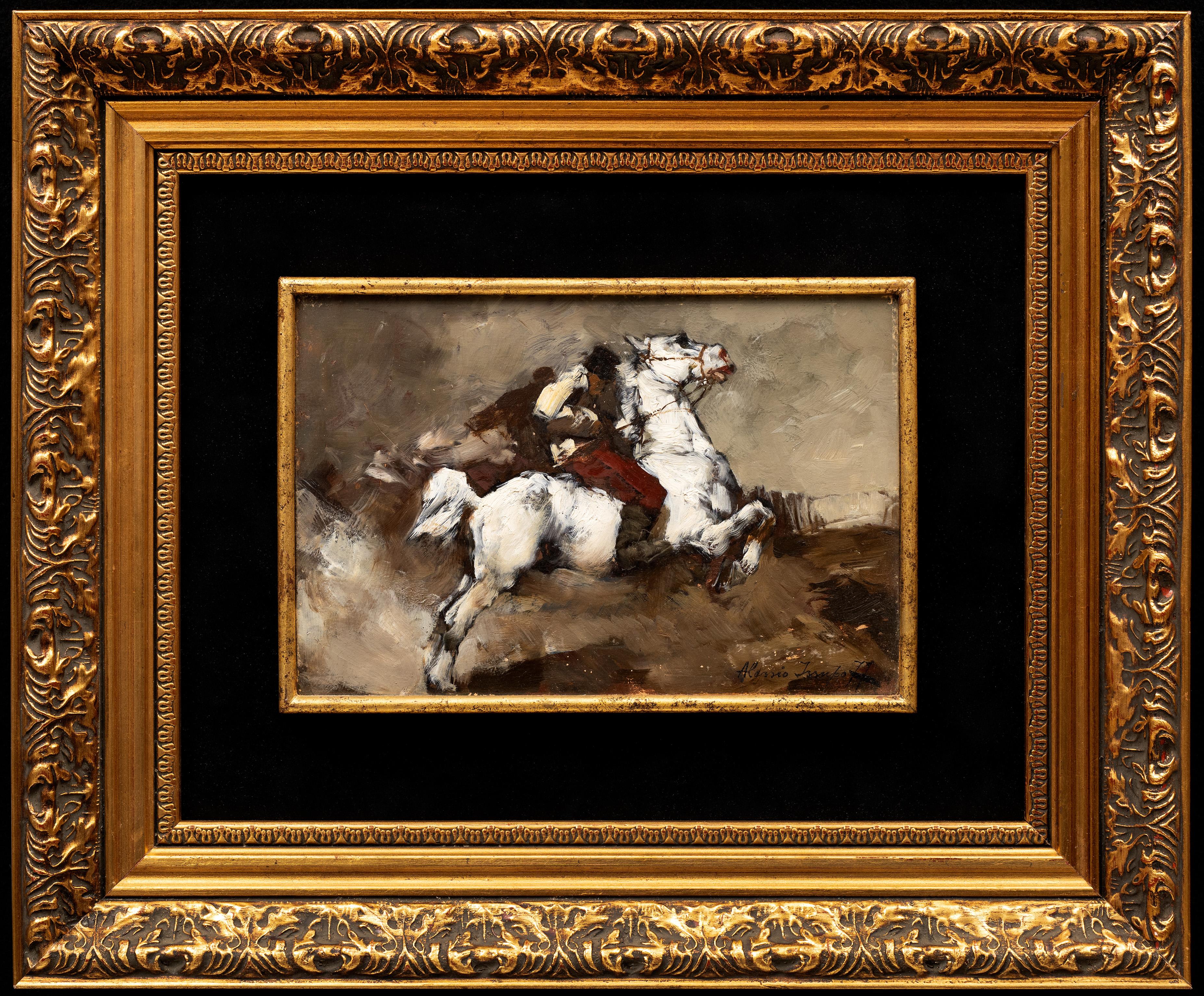 "Galloping Horse and Rider" 
Alessio Issupoff (1889 Russia-1857 Rome)
Oil on wood panel
Signed lower right
5 1/2 x8 1/2 (13 1/2 x 16 1/2 frame) inches

This is such a stunning little jewel, it's almost hard to believe. 

Alessio Issupoff dedicated