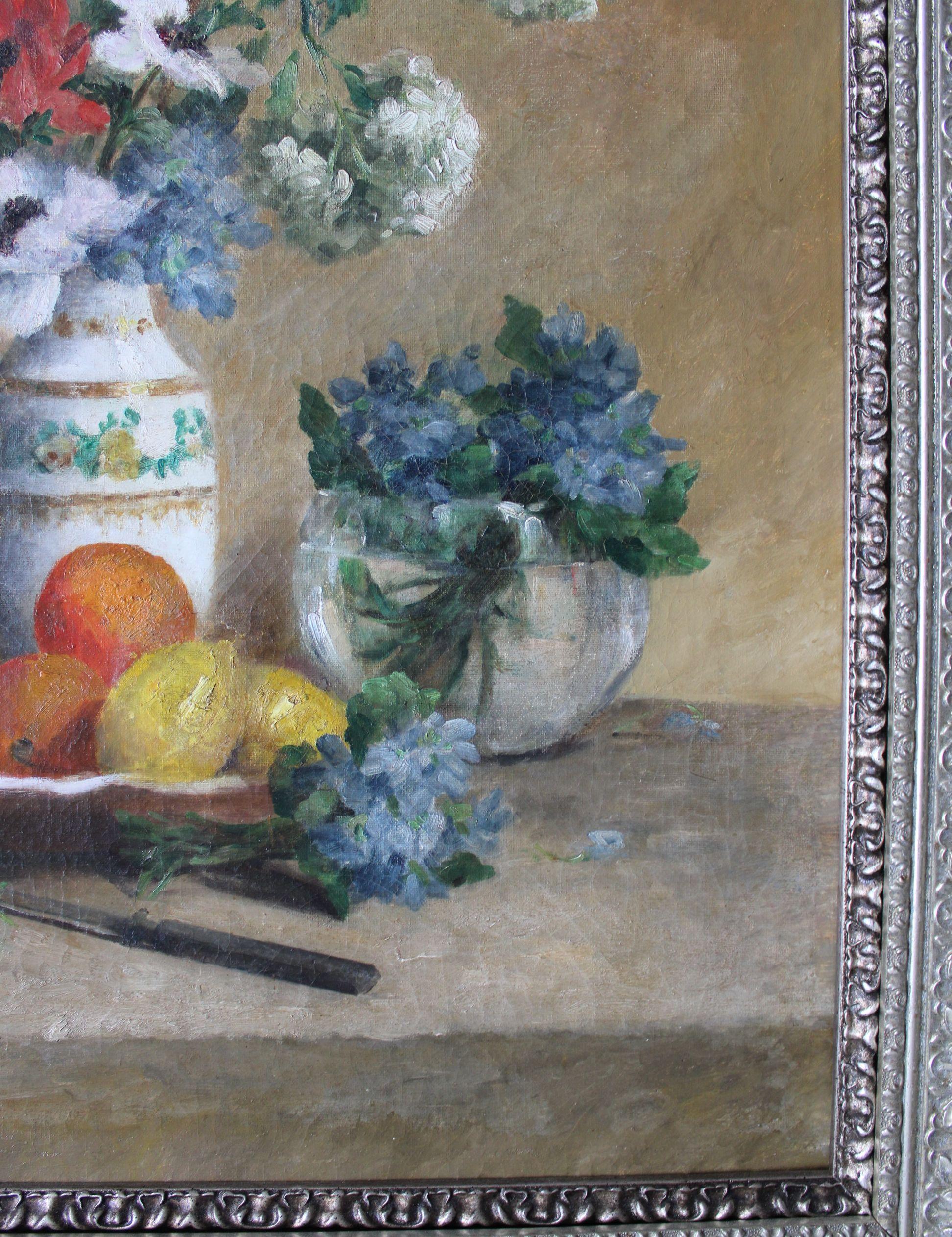Still life of flowers and fruit. Oil on canvas, 65x50cm. - Gray Still-Life Painting by Alessio Issupoff 