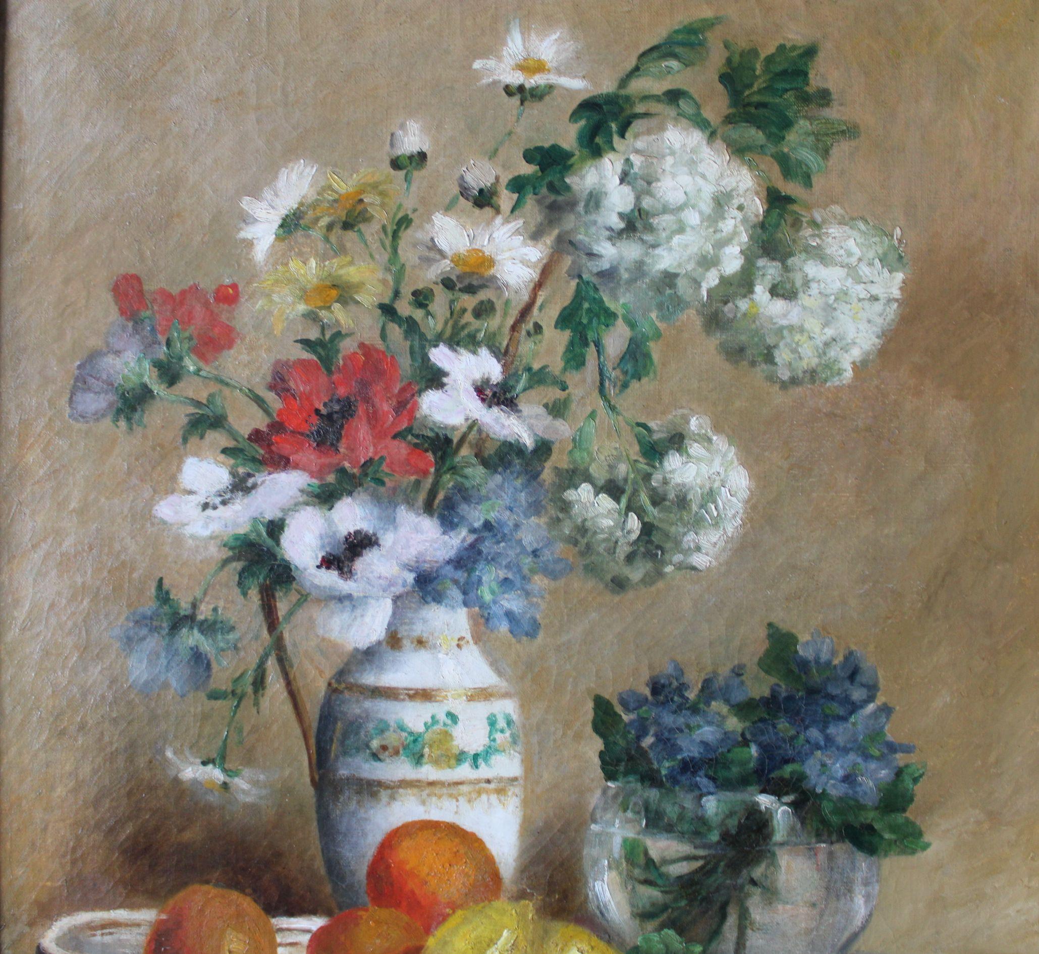 Still life of flowers and fruit. Oil on canvas, 65x50cm. For Sale 3