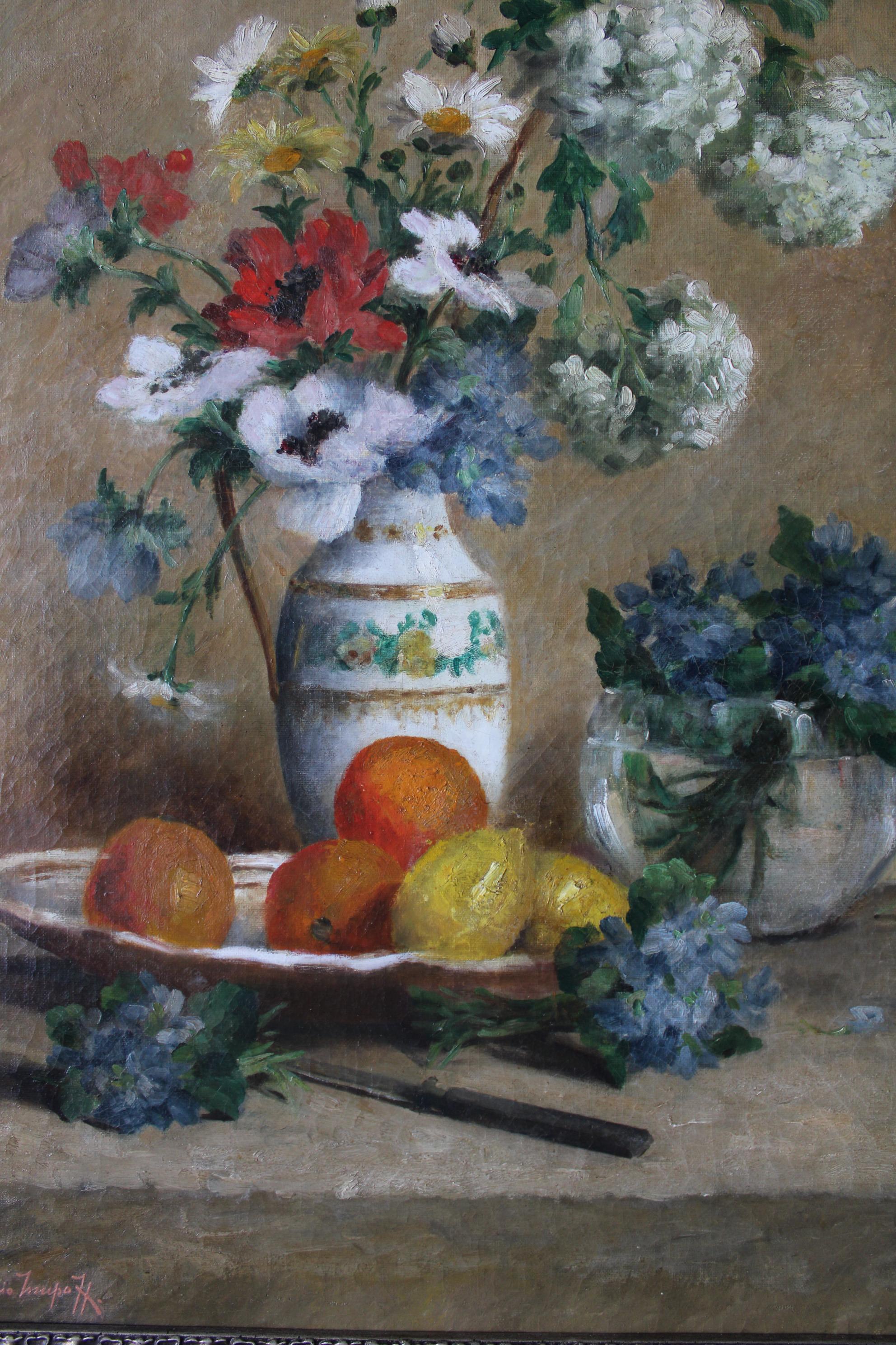 Still life of flowers and fruit. Oil on canvas, 65x50cm. For Sale 4