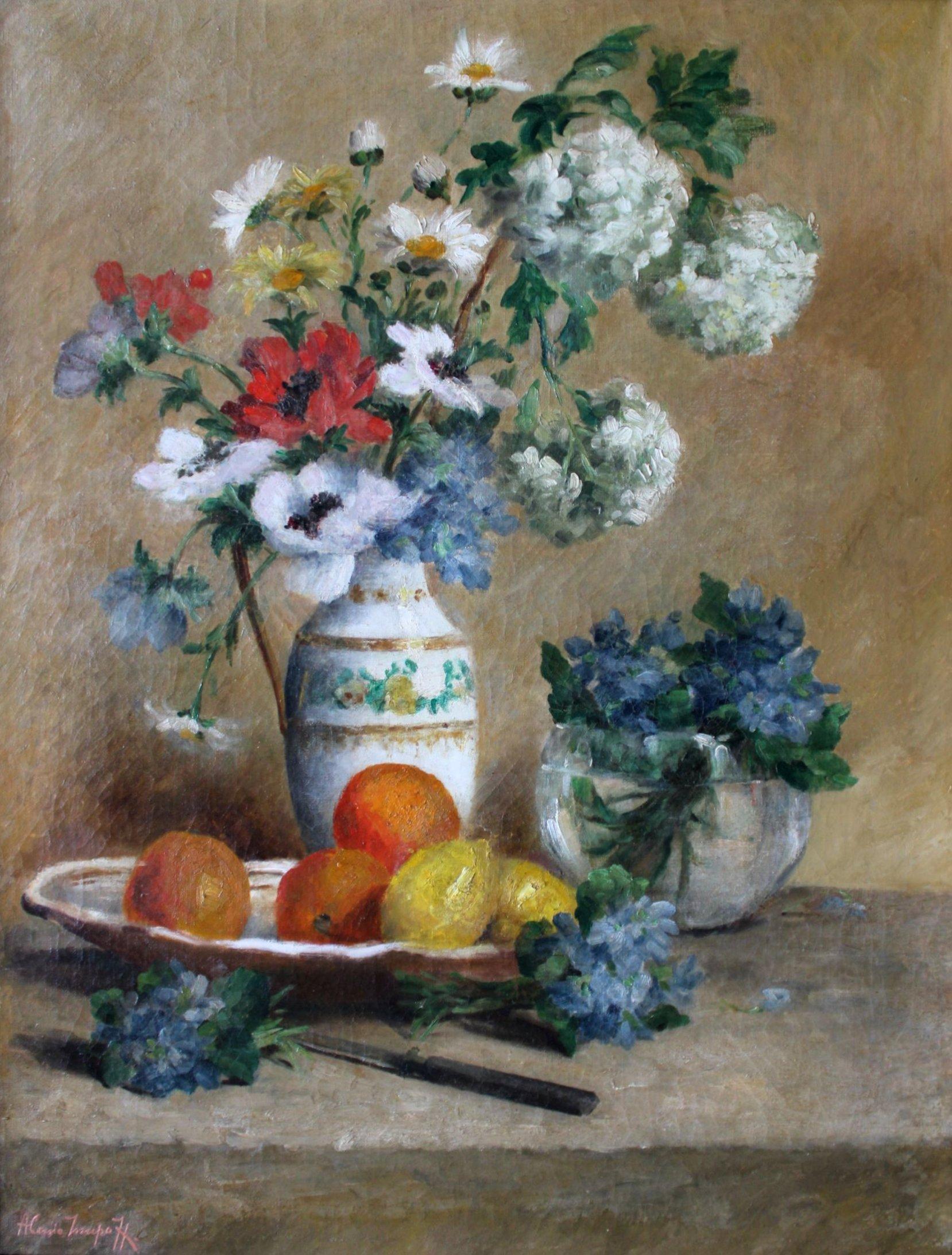 Alessio Issupoff  Still-Life Painting - Still life of flowers and fruit. Oil on canvas, 65x50cm.