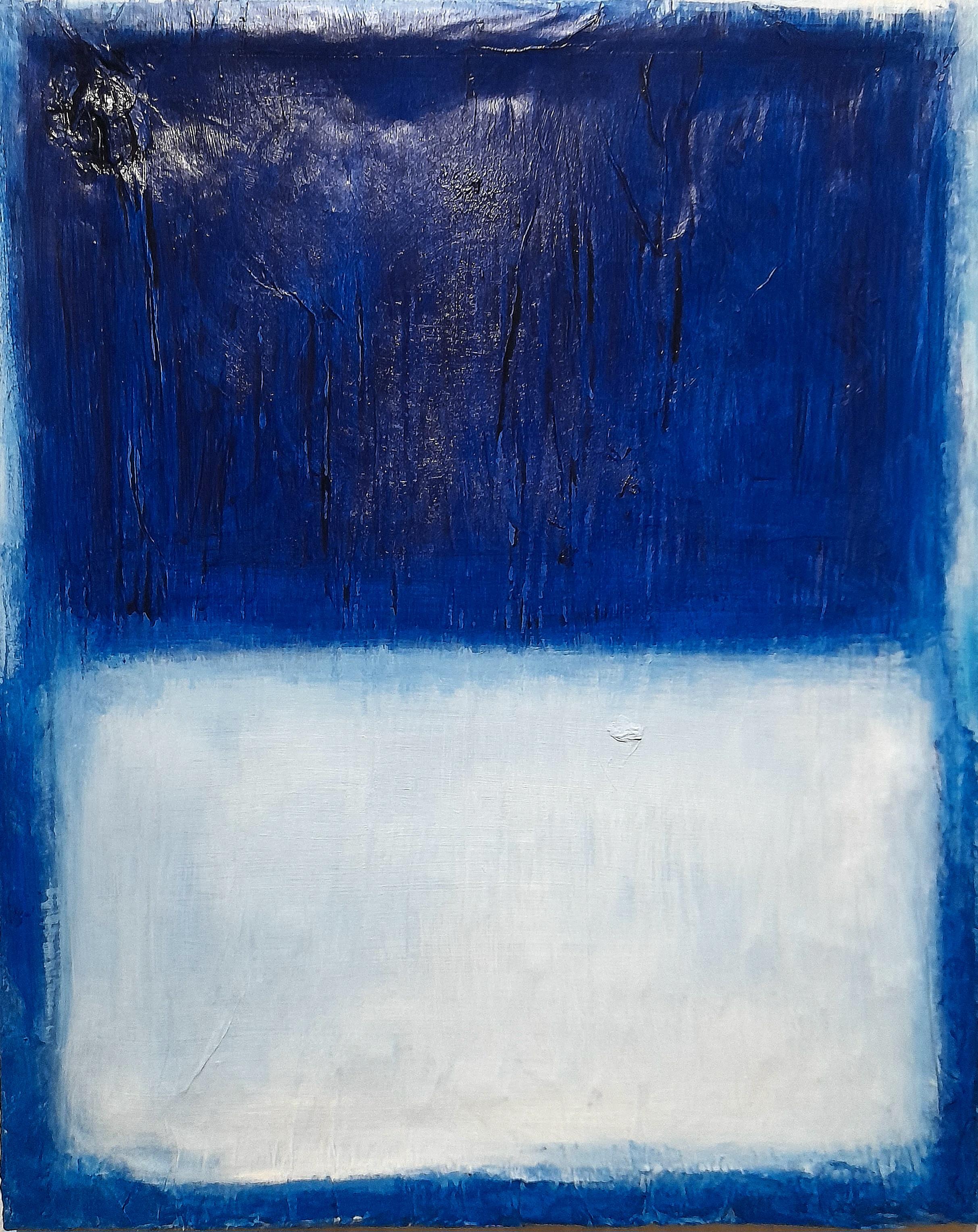 Abstract Painting di Alessio Mariotto - Blu White reflection - Pittura astratta blu su terracotta