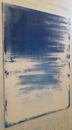 "White covers translucent blue" - Abstract Minimalist Contemporary Painting