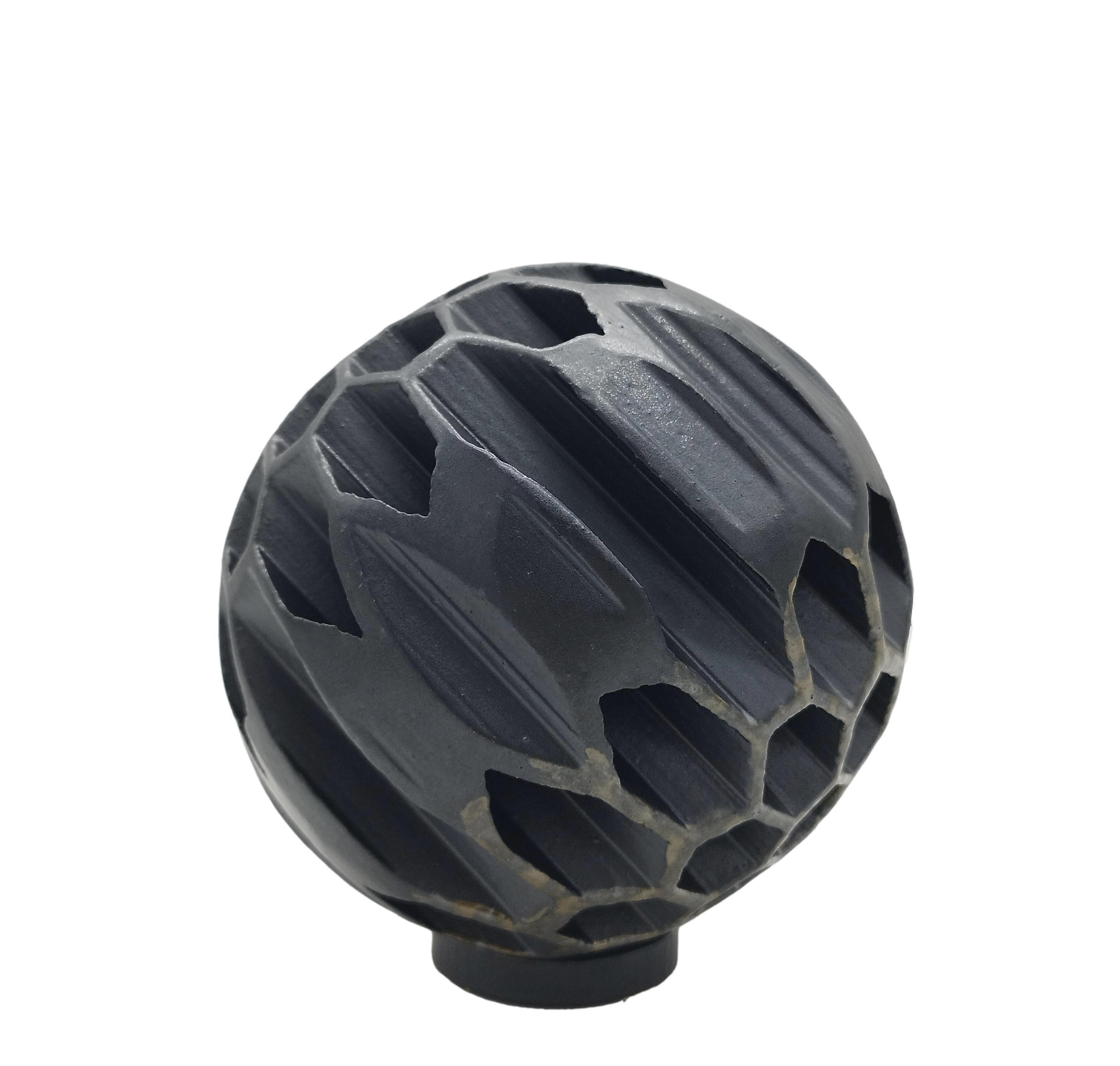 Exceptional Anthracite Metallic Glazed Ceramic Sphere Sculpture by Alessio Tasca, Italy, Interesting extruded sphere shape with a beautiful and exceptional metallic anthracite glazed finish that gives the idea of metal. The triangular holes in the