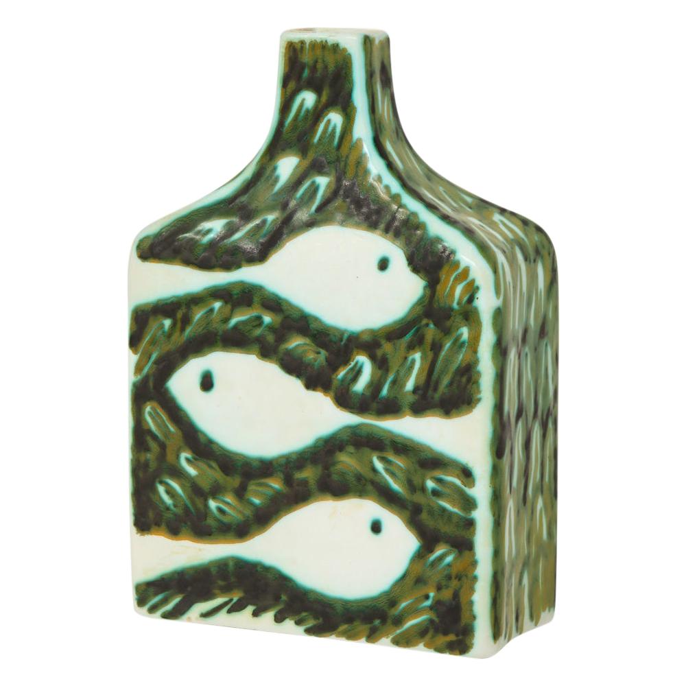 Alessio Tasca Raymor Vase, Ceramic, Green, White, Doves, Fish, Signed For Sale