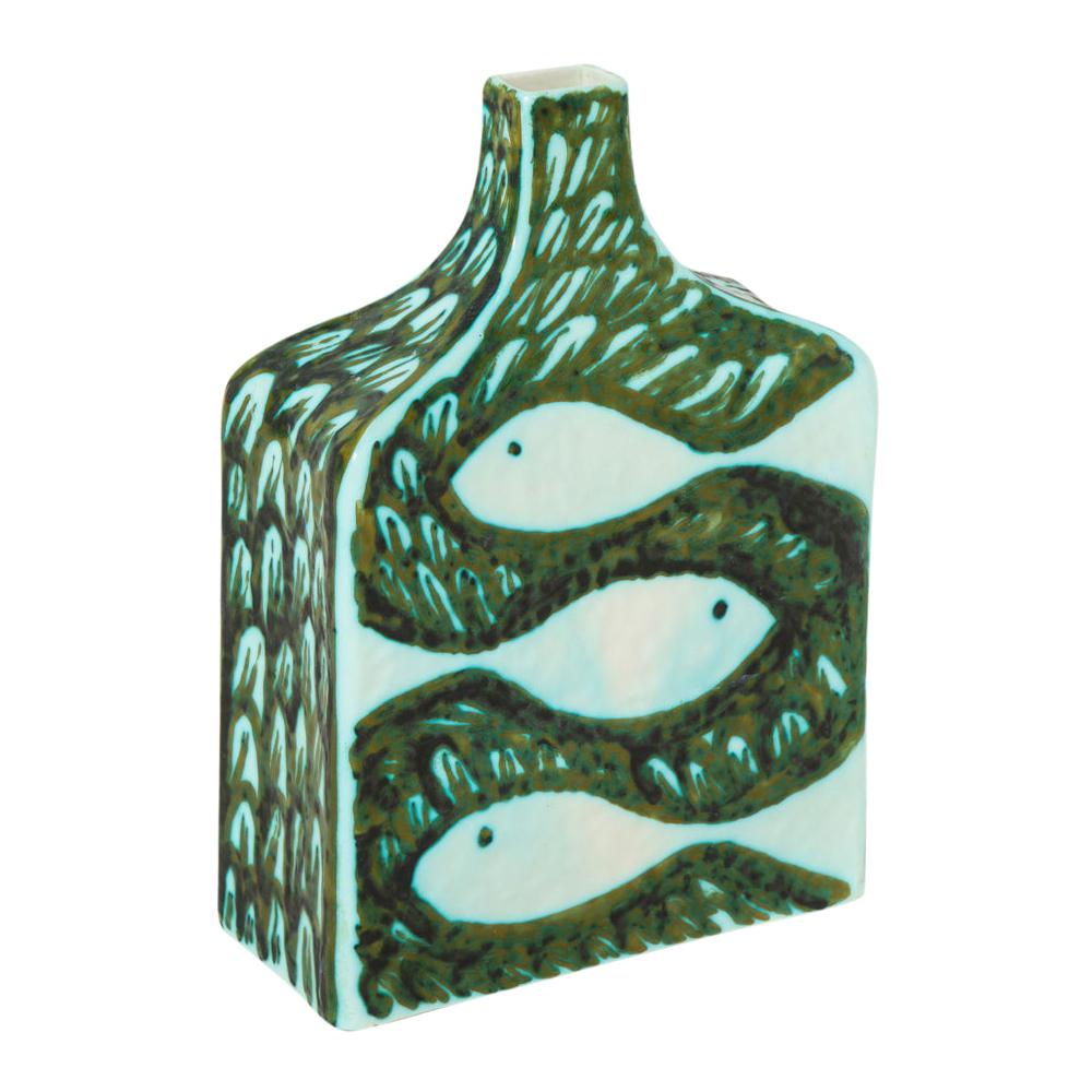 Alessio Tasca for Raymor vase, ceramic, green and white, signed. Tall and chunky rectangular vase decorated with an S-pattern of fish on one side and a V-shaped pattern of doves on the other. Marked Tasca Raymor Italy on the underside of the vase.