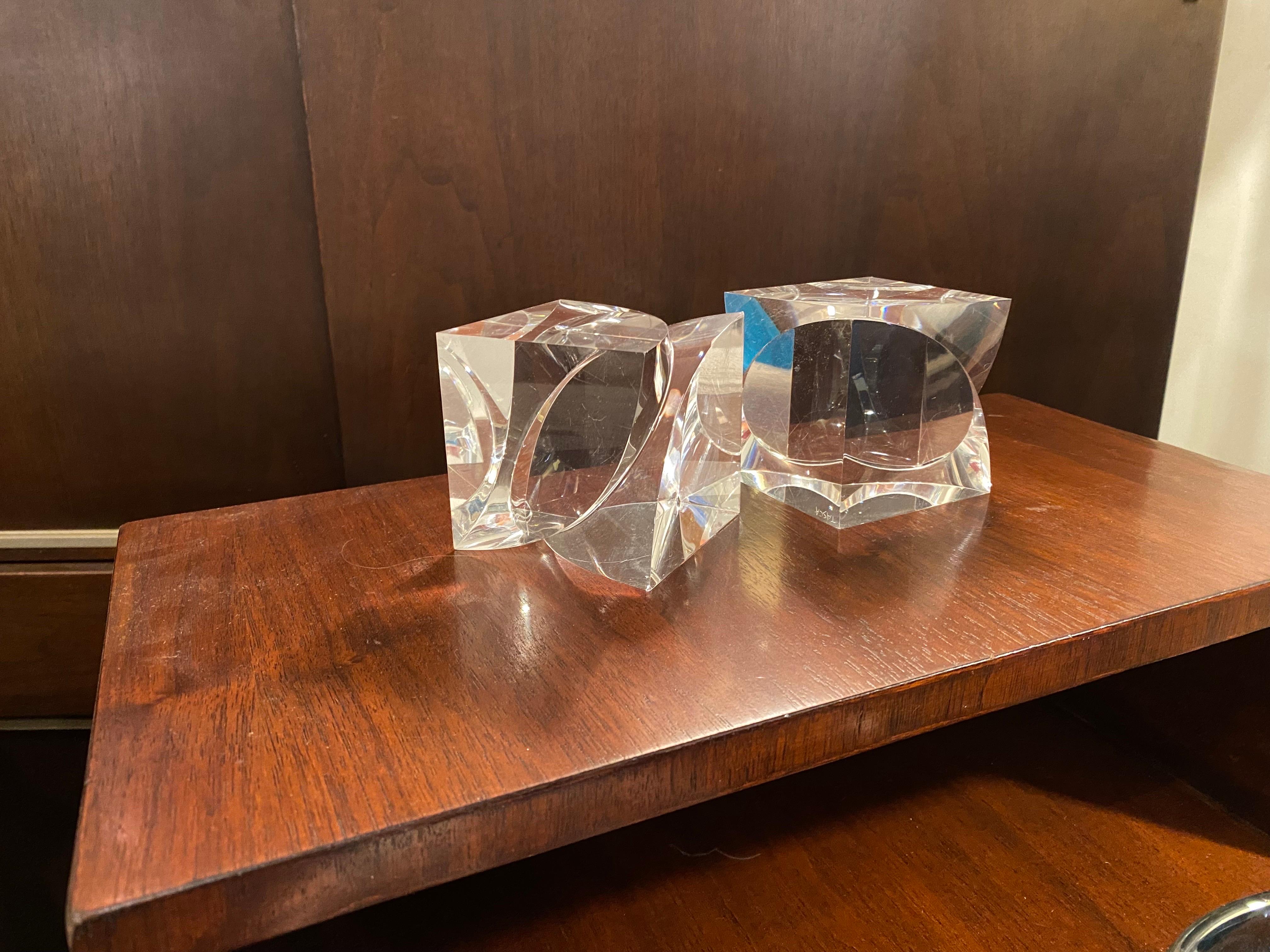 Alessio Tasca Fusina Polished Lucite Cubes with carved away design.  Signed bottom.  One has a slight flaw in the corner as seen in photo.  Lucite is very clear and overall good shape.