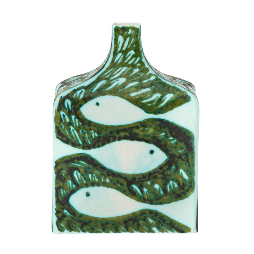 Mid-Century Modern Alessio Tasca Raymor Vase, Ceramic, Green, White, Doves, Fish, Signed For Sale