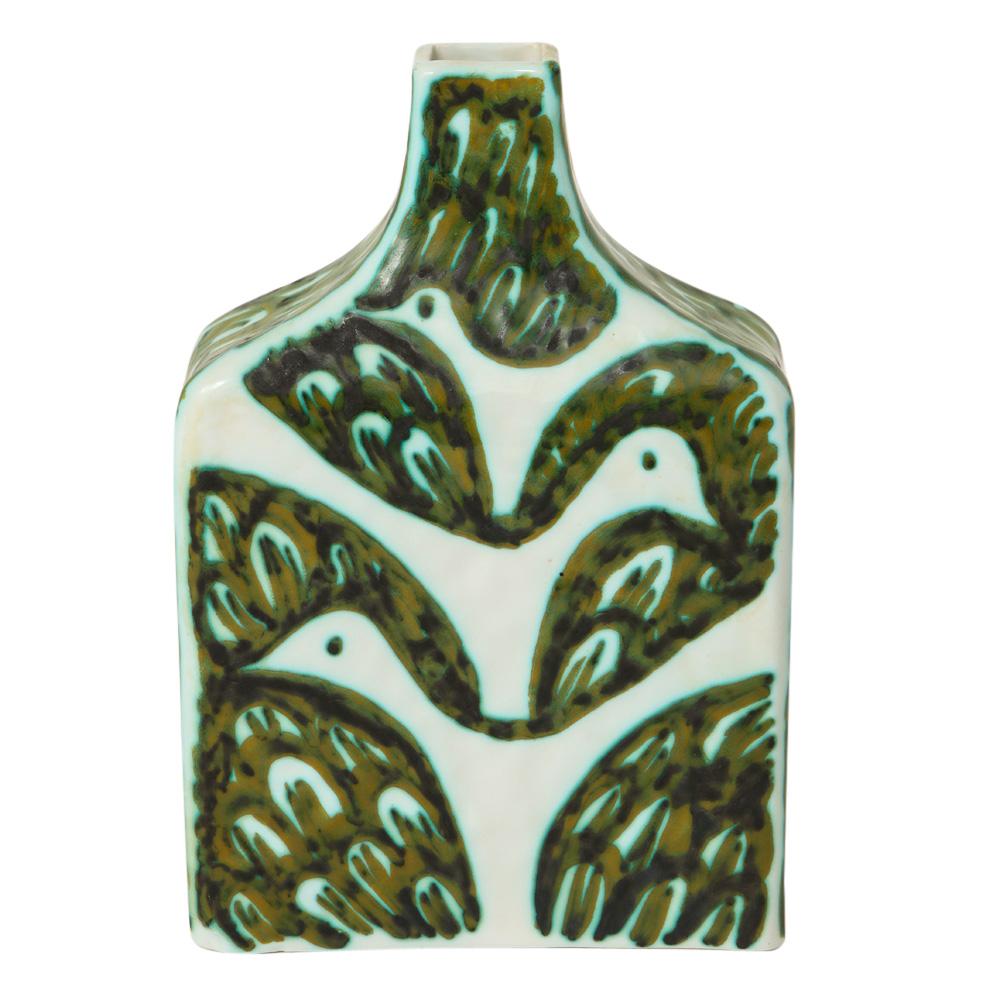 Alessio Tasca for Raymor vase, ceramic green white, signed. Small to medium scale chunky rectangular vase decorated with an S-pattern of fish on one side and a V-shaped pattern of doves on the other. Marked on the underside: 1468 Tasca Italia per