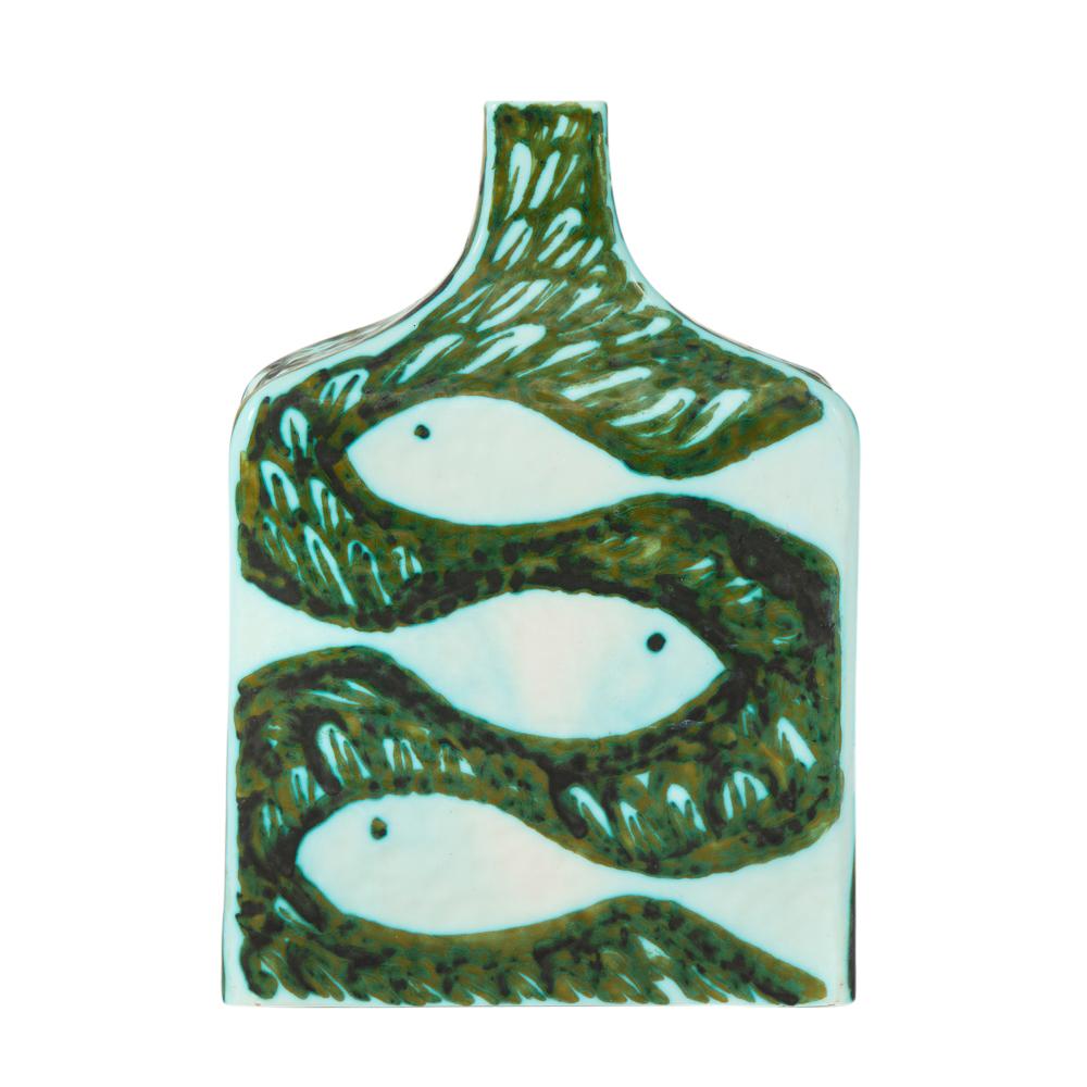Italian Alessio Tasca Raymor Vase, Ceramic, Green, White, Doves, Fish, Signed For Sale