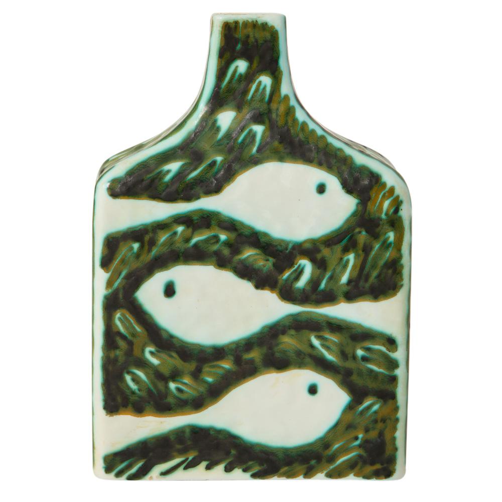 Alessio Tasca Raymor-Vase, Keramik, grün, weiß, Tauben, Fisch, signiert (Moderne der Mitte des Jahrhunderts) im Angebot