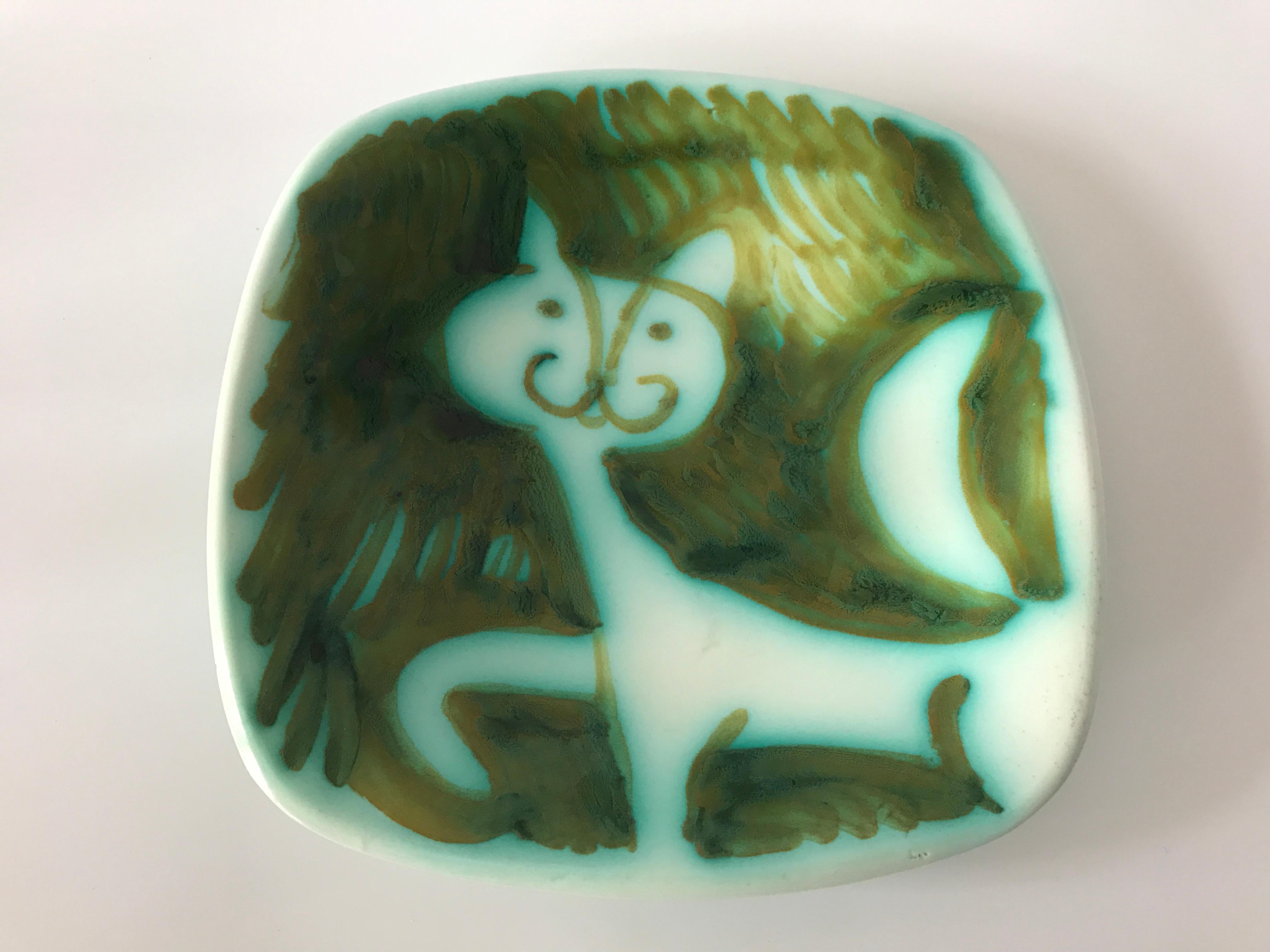 Alessio Tasca Signed 1960s Prowling Cat Ceramic Square Italian Midcentury Dish In Good Condition In Rothley, Leicestershire