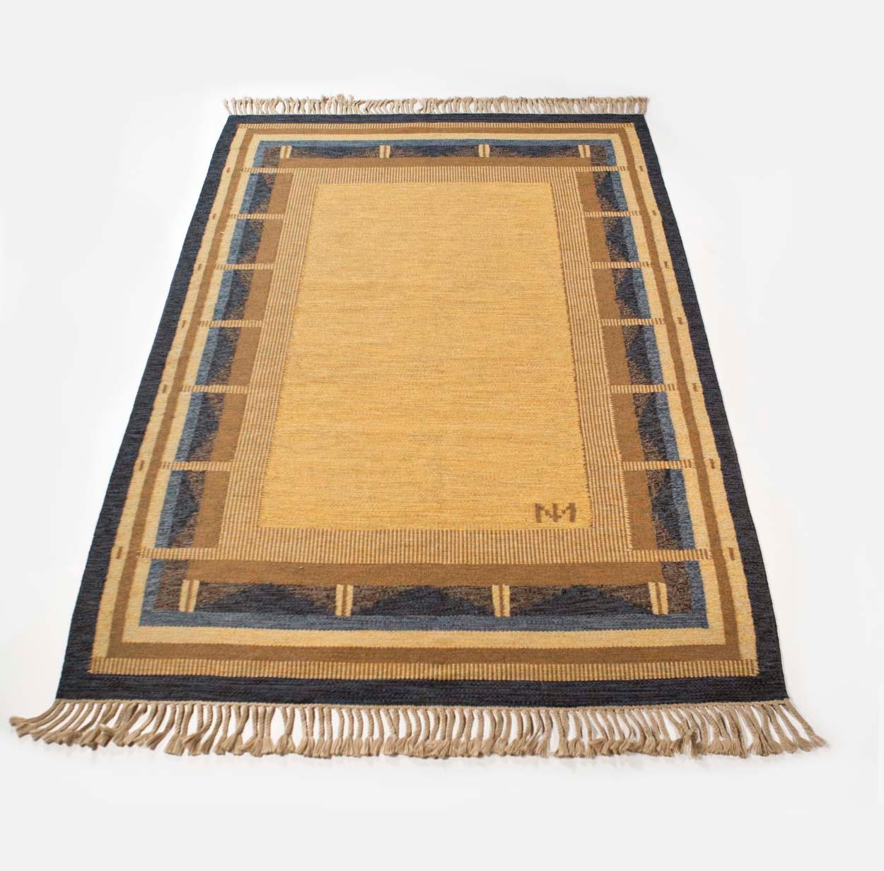 Mid-Century Modern Alestalon Mattokutomo, Golden and Blue Finnish Flat-Weave Rug, Finland, 1950s For Sale