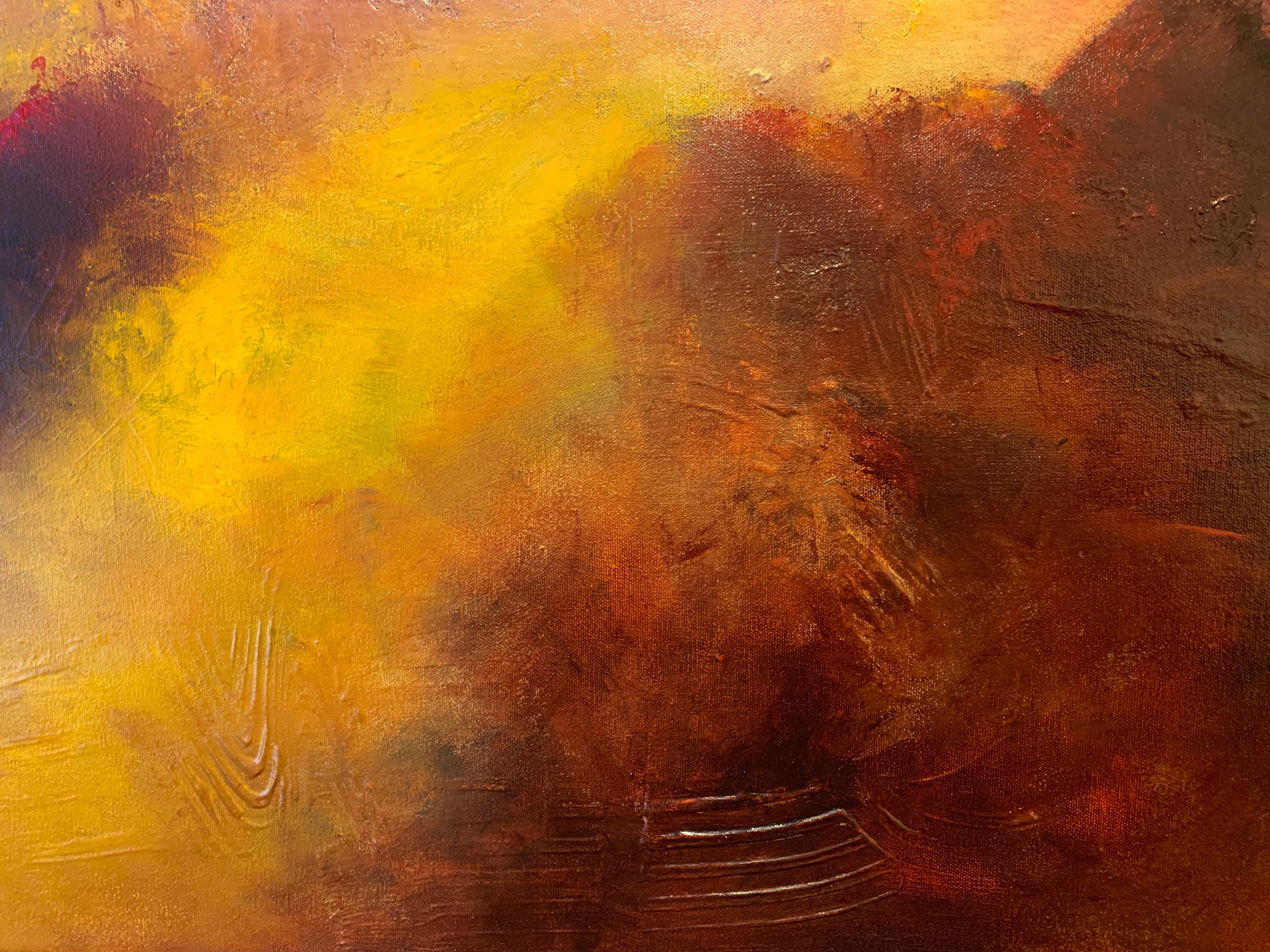 Nature's Glow - a sense of mystery shrouds this mountain landscape - Brown Abstract Painting by Aleta Pippin