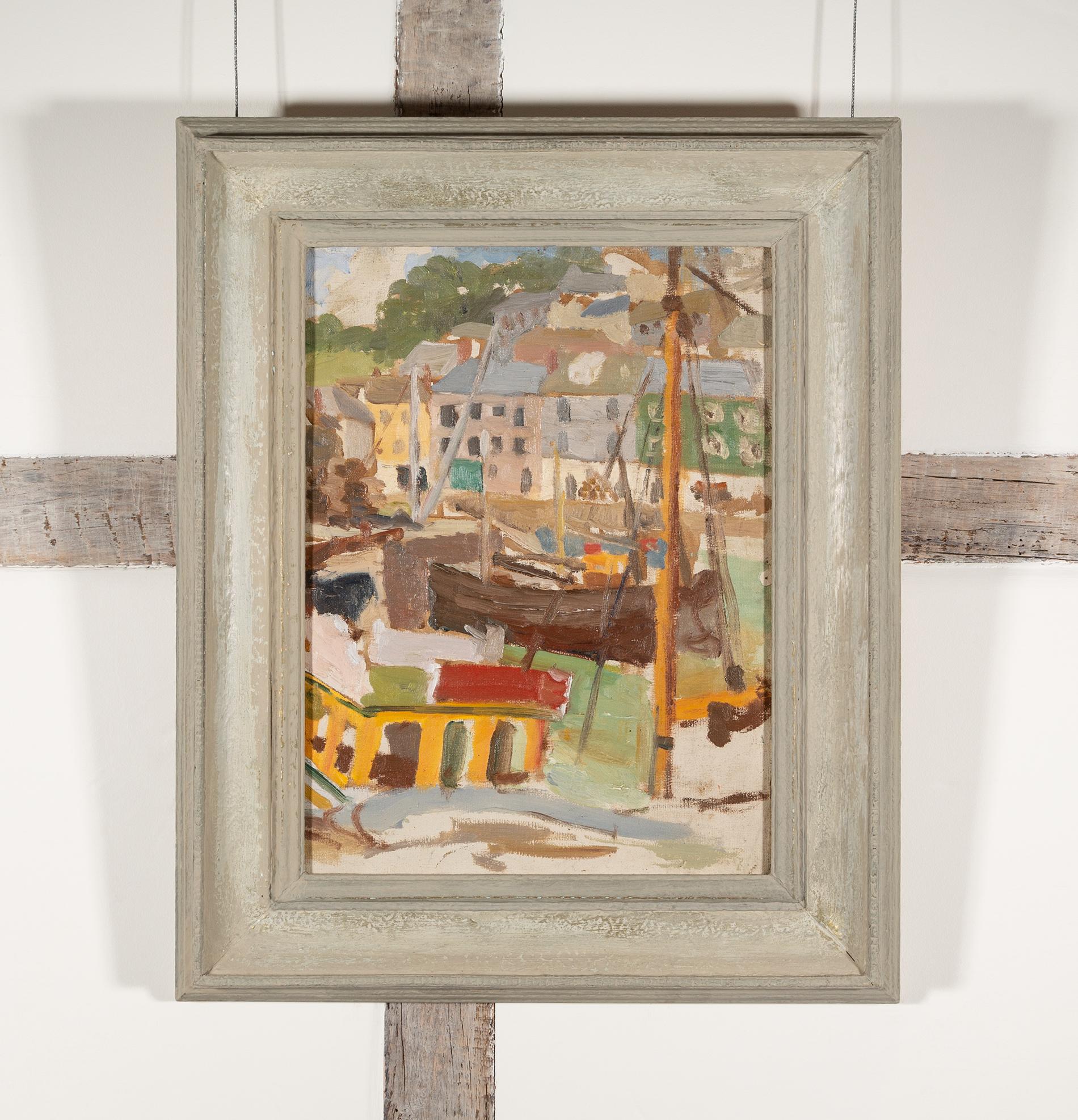 Newlyn Harbour - 20. Jahrhundert Cornwall Hafenlandschaft Ölgemälde mit Booten – Painting von Alethea Garstin