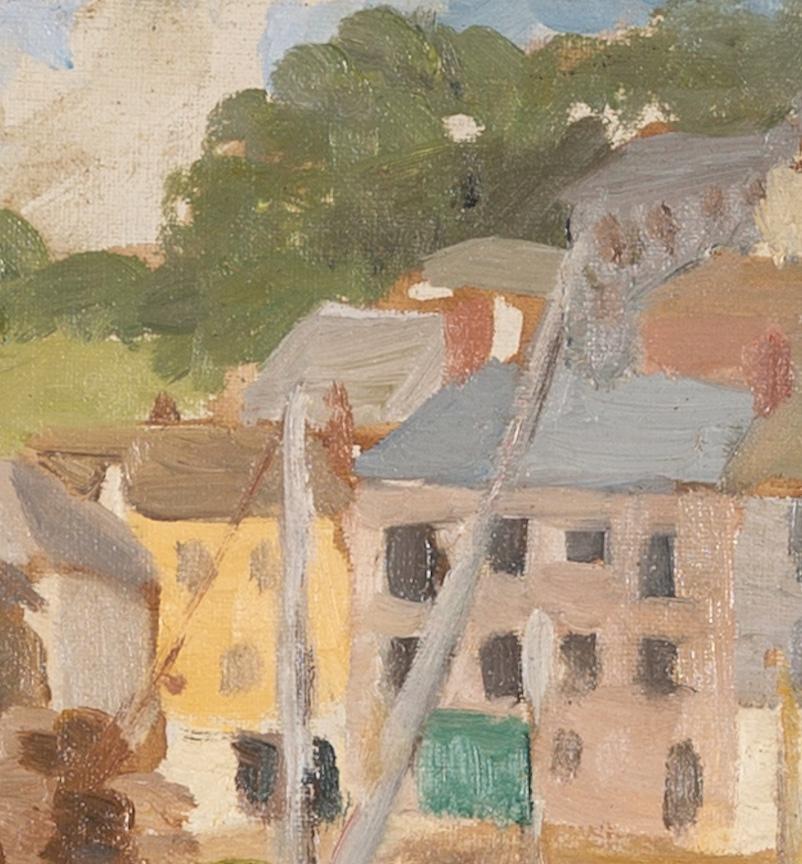 Newlyn Harbour - 20. Jahrhundert Cornwall Hafenlandschaft Ölgemälde mit Booten (Braun), Figurative Painting, von Alethea Garstin