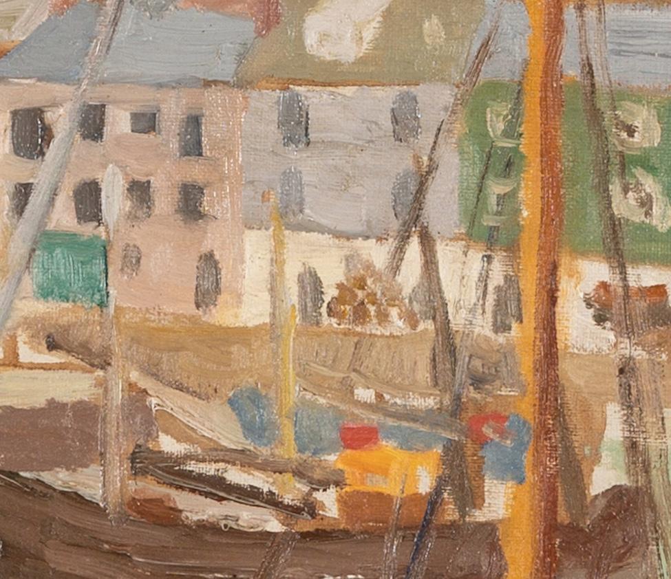 Newlyn Harbour - 20. Jahrhundert Cornwall Hafenlandschaft Ölgemälde mit Booten im Angebot 1