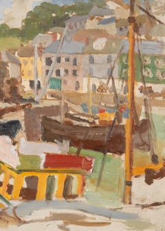 Newlyn Harbour - 20. Jahrhundert Cornwall Hafenlandschaft Ölgemälde mit Booten