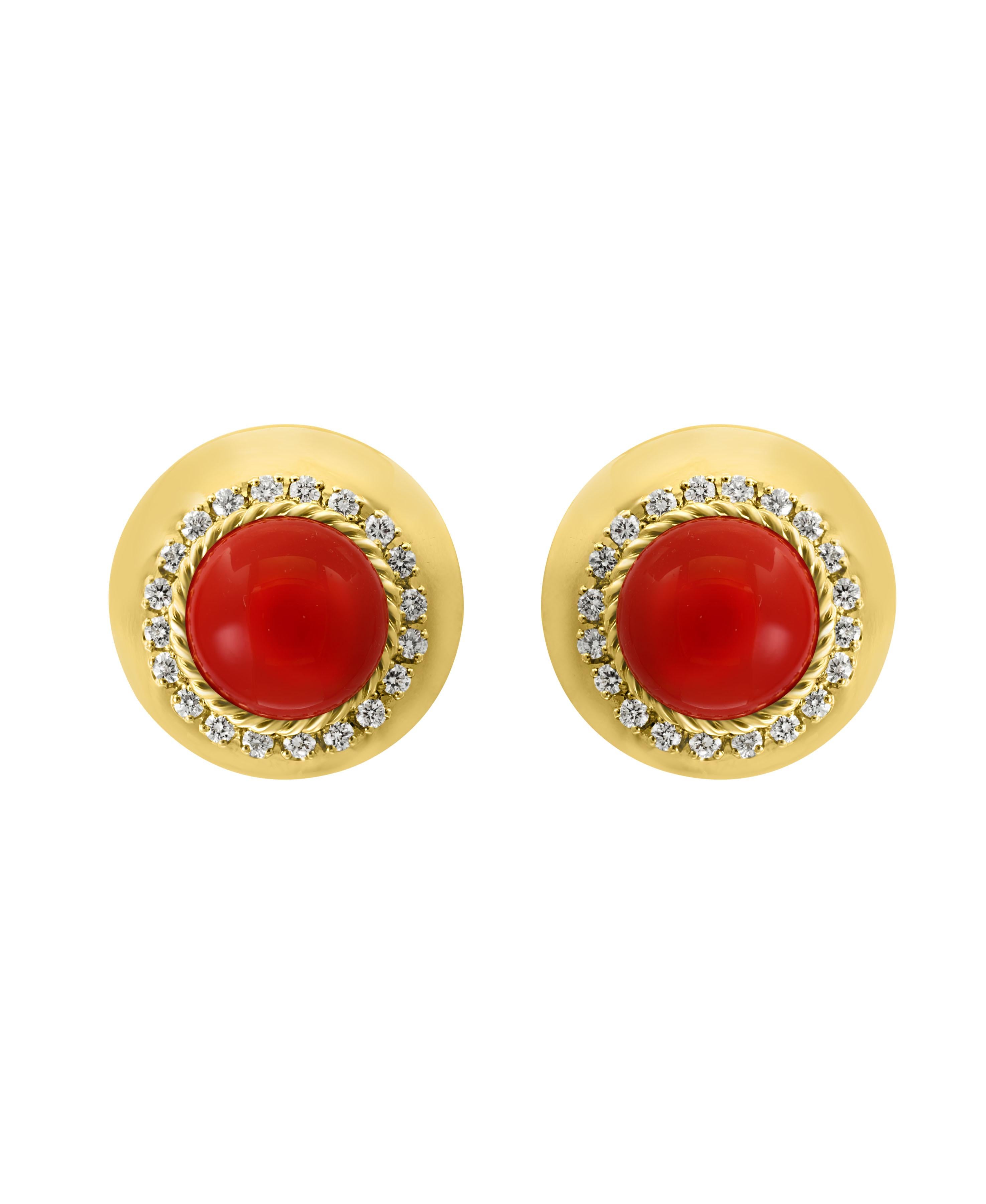 Designer Aletto Black Natural Cabochon Coral and Diamond Cocktail Earring in 18 Karat Yellow Gold
Coral Natural , Very Red/Tomato color , Very desirable color and quality.
perfect pair made in 18 Karat yellow gold. Natural coral of this size are