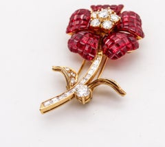 Aletto Bros. Mystery Setting Flower Brooch 18Kt Gold 19.03 Ctw Rubies & Diamonds