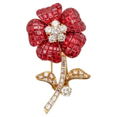 Aletto Bros. Mystery Setting Flower Brooch 18Kt Gold 19.03 Ctw Rubies & Diamonds