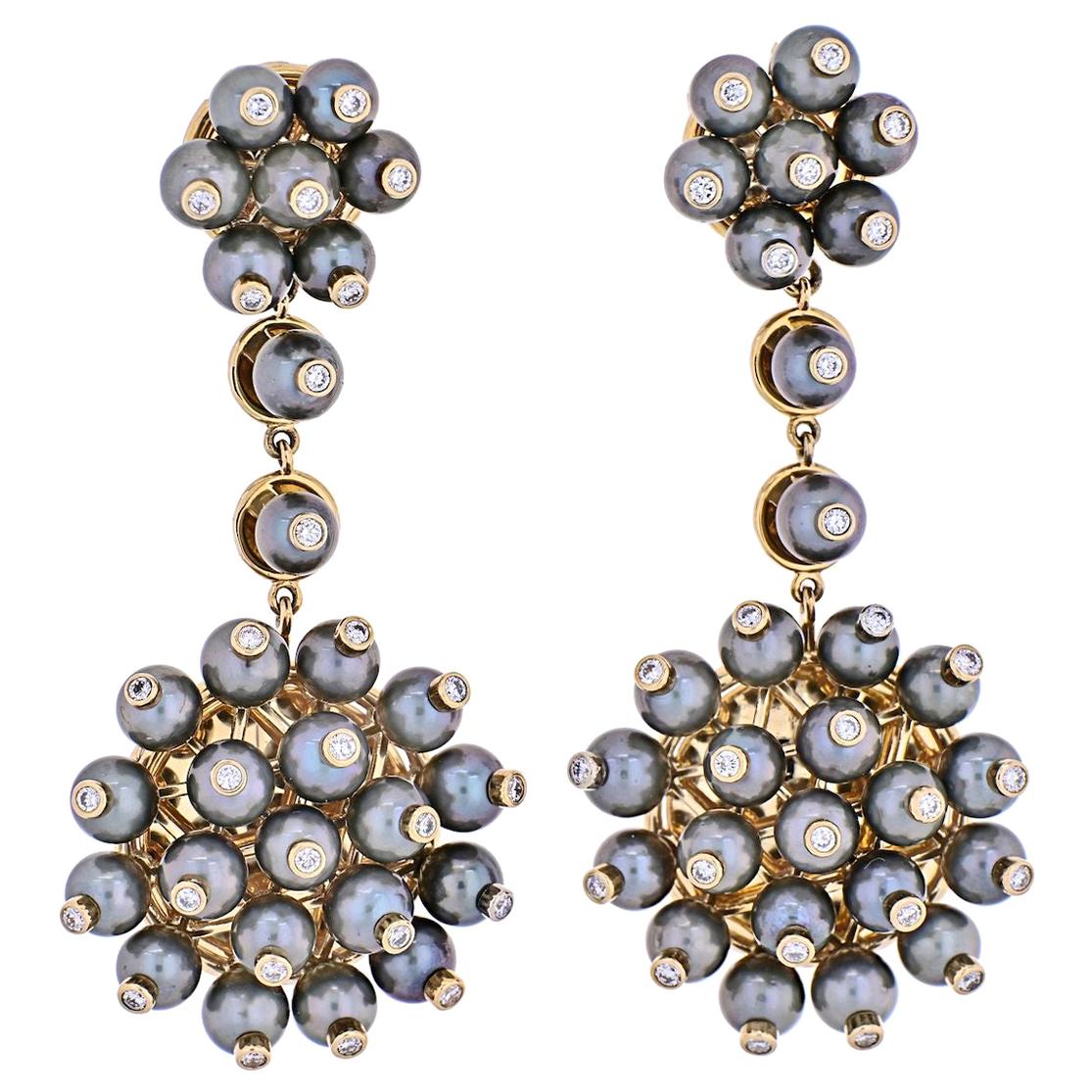 Aletto Brothers 18 Karat Yellow Gold Diamond, Cultured Pearl Dangling Earrings