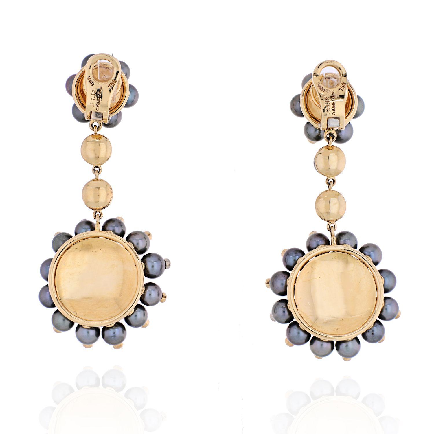 Round Cut Aletto Brothers 18 Karat Yellow Gold Diamond, Cultured Pearl Dangling Earrings