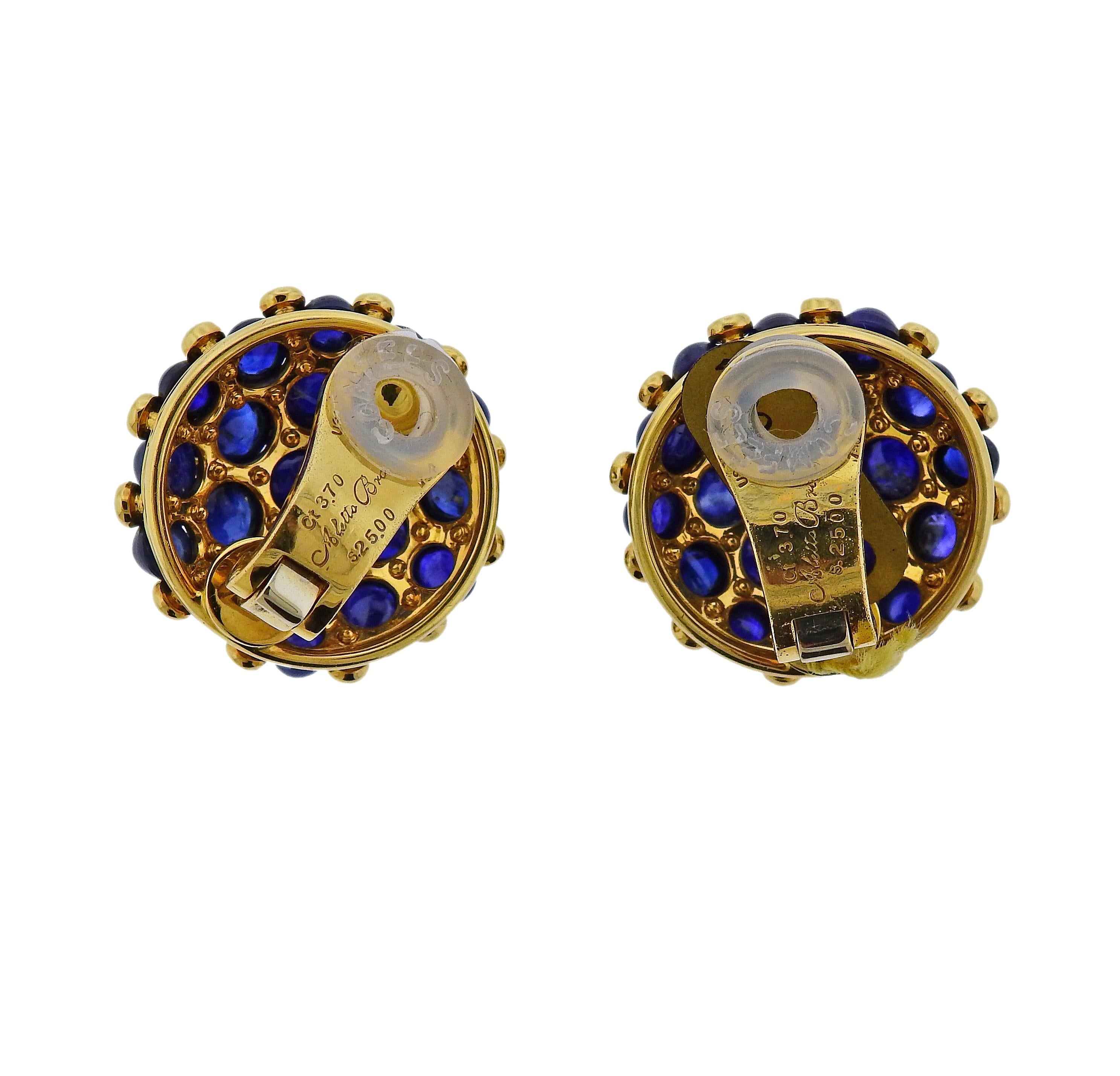 Pair of new 18k yellow gold earrings by Aletto Brothers, featuring 25 carats in blue sapphire cabochons, and 3.70ctw in VVS/VS-G diamonds. Earrings are 24mm in diameter.  Weigh 29.1 grams. Marked: USA,750, Ct.3.70,S 25.00, Aletto Bros.