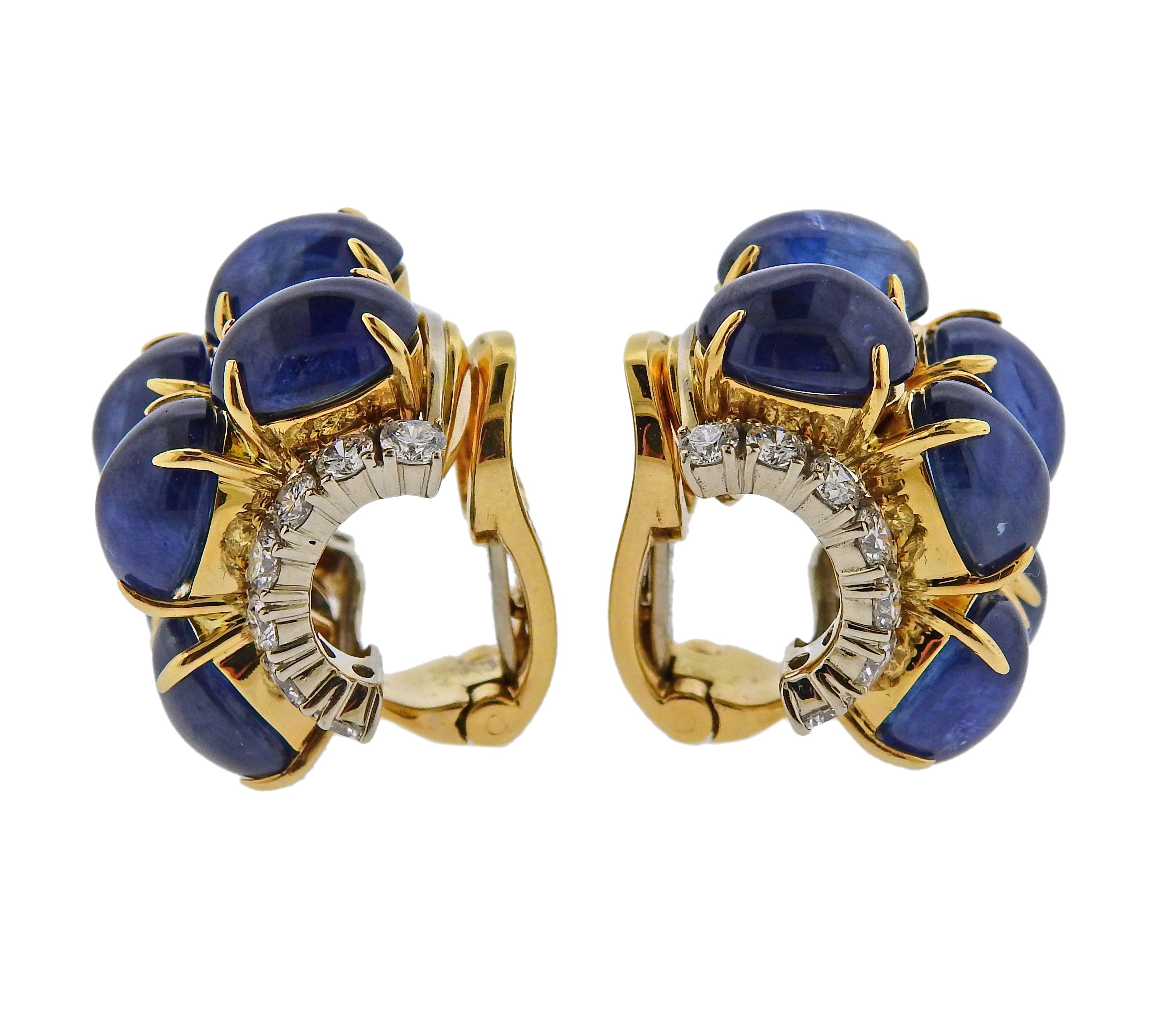 Exquisite pair of 18k yellow gold earrings by Aletto Brothers, featuring 12 oval sapphire cabochons - total of 37 carats, and 2.00ctw in diamonds. The earrings measure 25mm x 18mm. Marked  USA, Ct.2.00, Aletto Bros, S 37.00, 750. Weigh 31.7 grams.
 