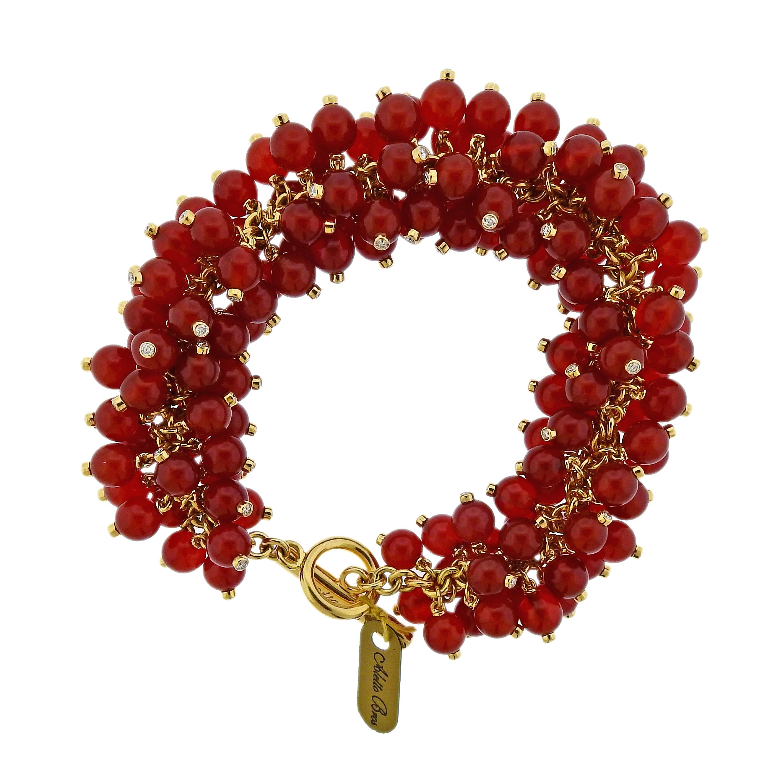 New 18k yellow gold toggle bracelet, featuring carnelian and diamond beads, crafted by Aletto Brothers. Set with 3.26ctw in VVS-VS/G diamonds. Bracelet is 8
