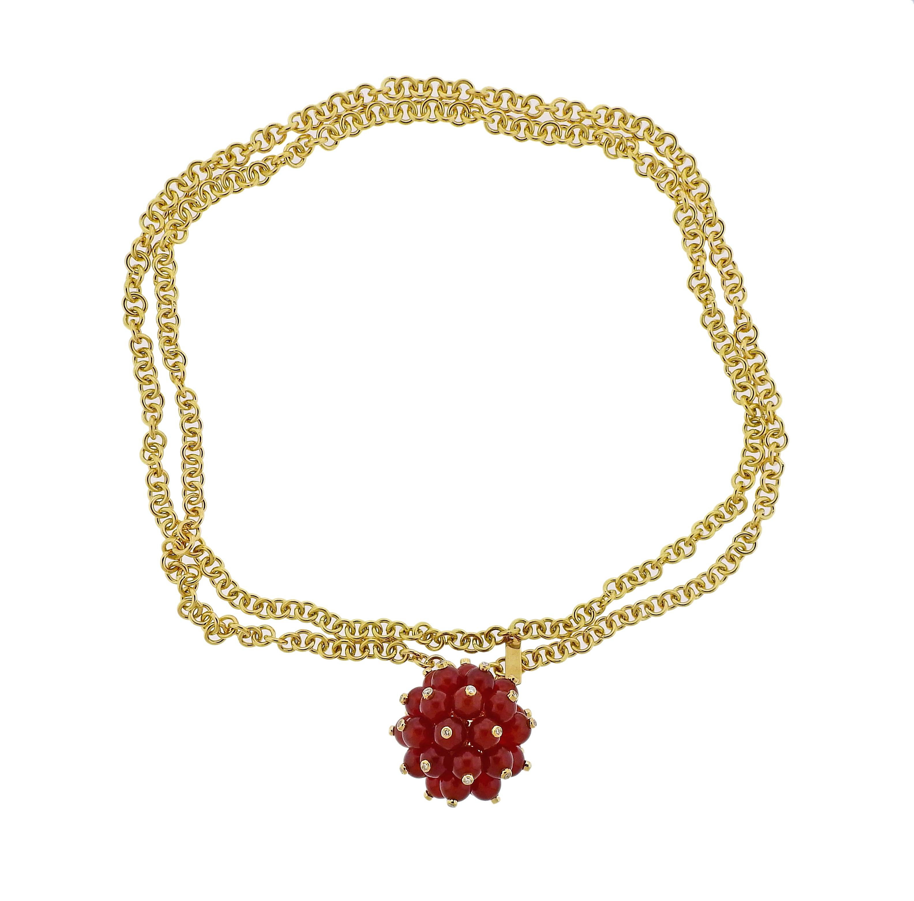 New 18k yellow gold long chain necklace, featuring carnelian and diamond pom pom pendant. Crafted by Aletto Brothers, set with 0.72ctw in VVS-VS/G diamonds.  Necklace is 32