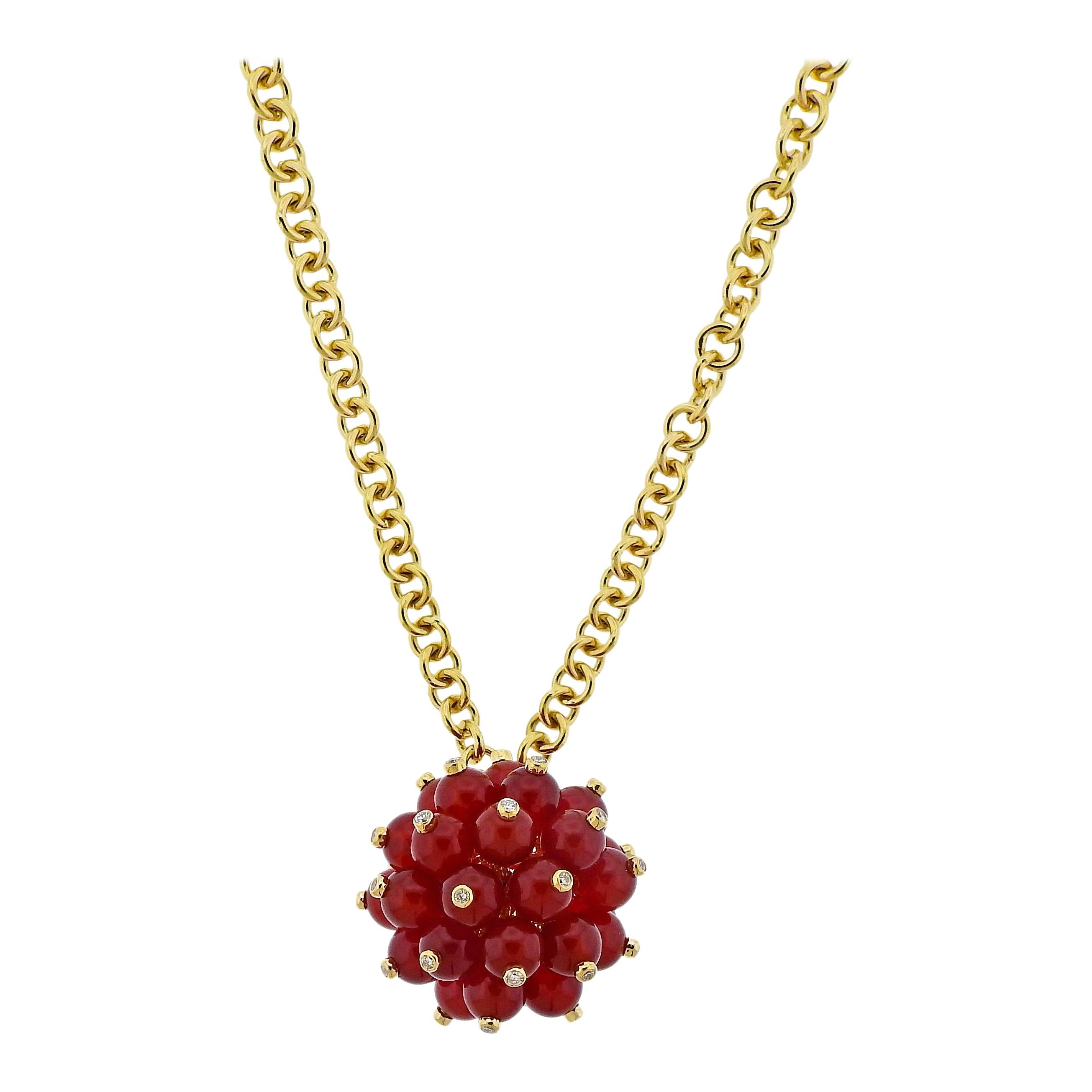 Aletto Brothers Carnelian Diamond Gold Pom Pom Pendant Necklace For Sale