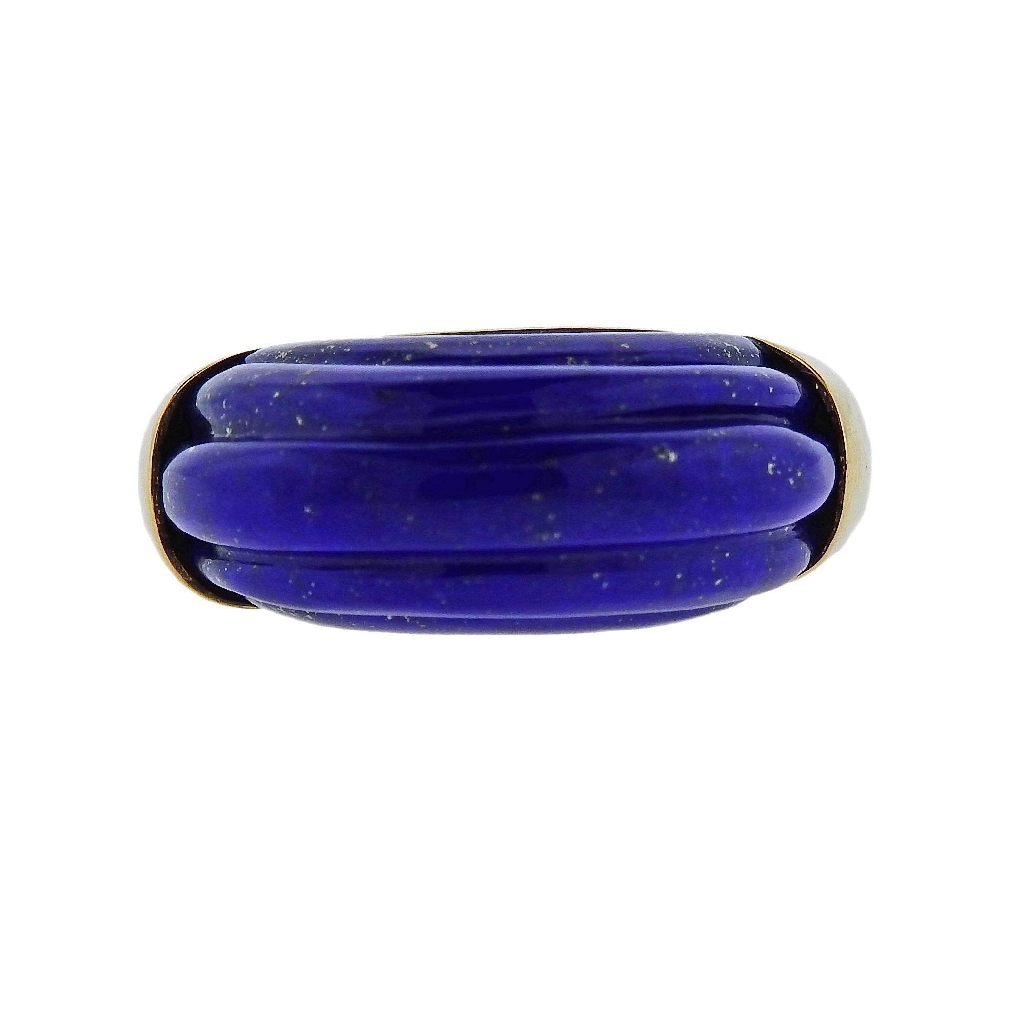 New 18k yellow gold ring, designed by Aletto Brothers, set with carved lapis lazuli. Ring size - 7.25, ring top is 11mm wide. Weighs 13.2 grams. Marked: 750, Aletto Bros.