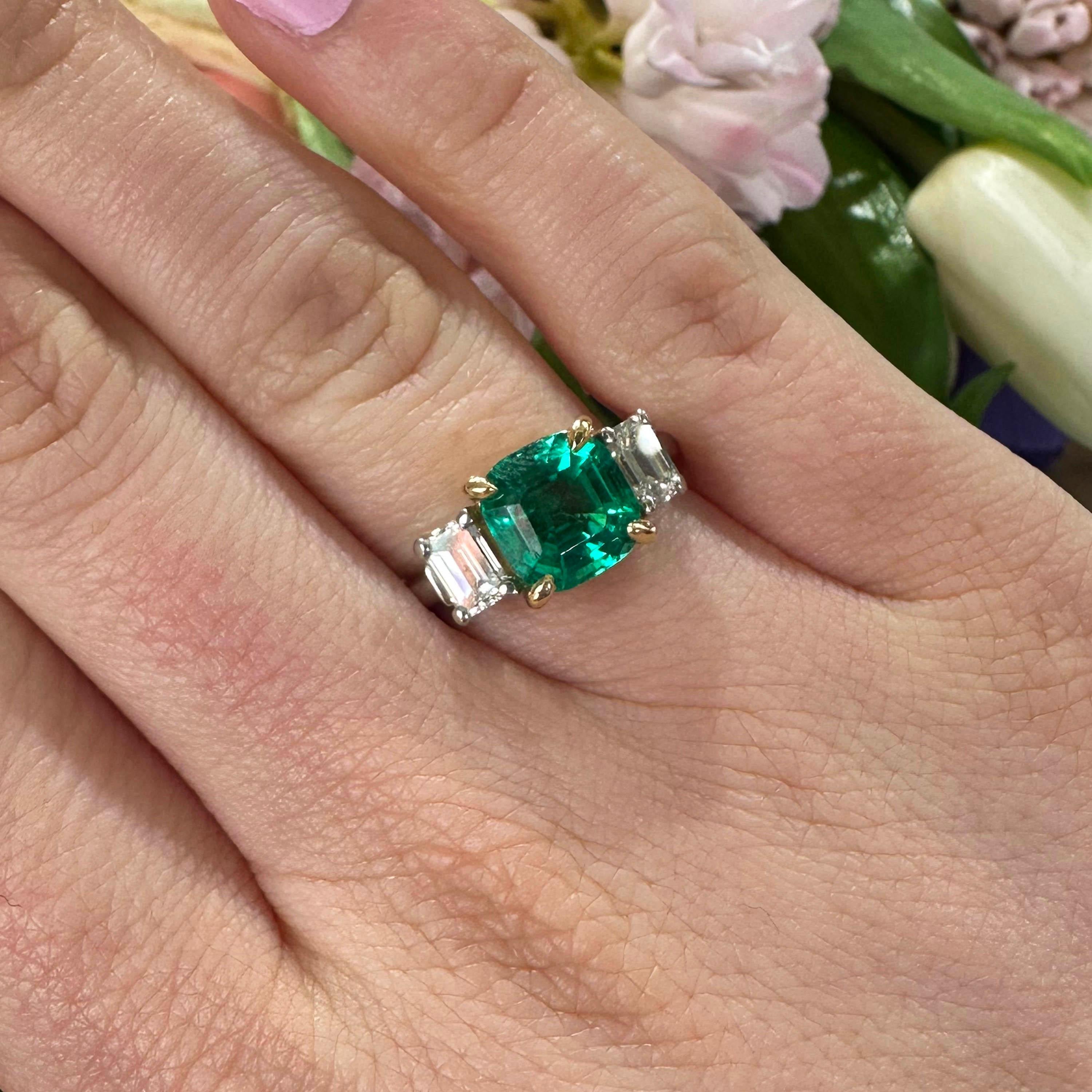 Cushion Cut Aletto Brothers Colombian Emerald, Diamond, Platinum and Gold Ring, Circa 2000 For Sale