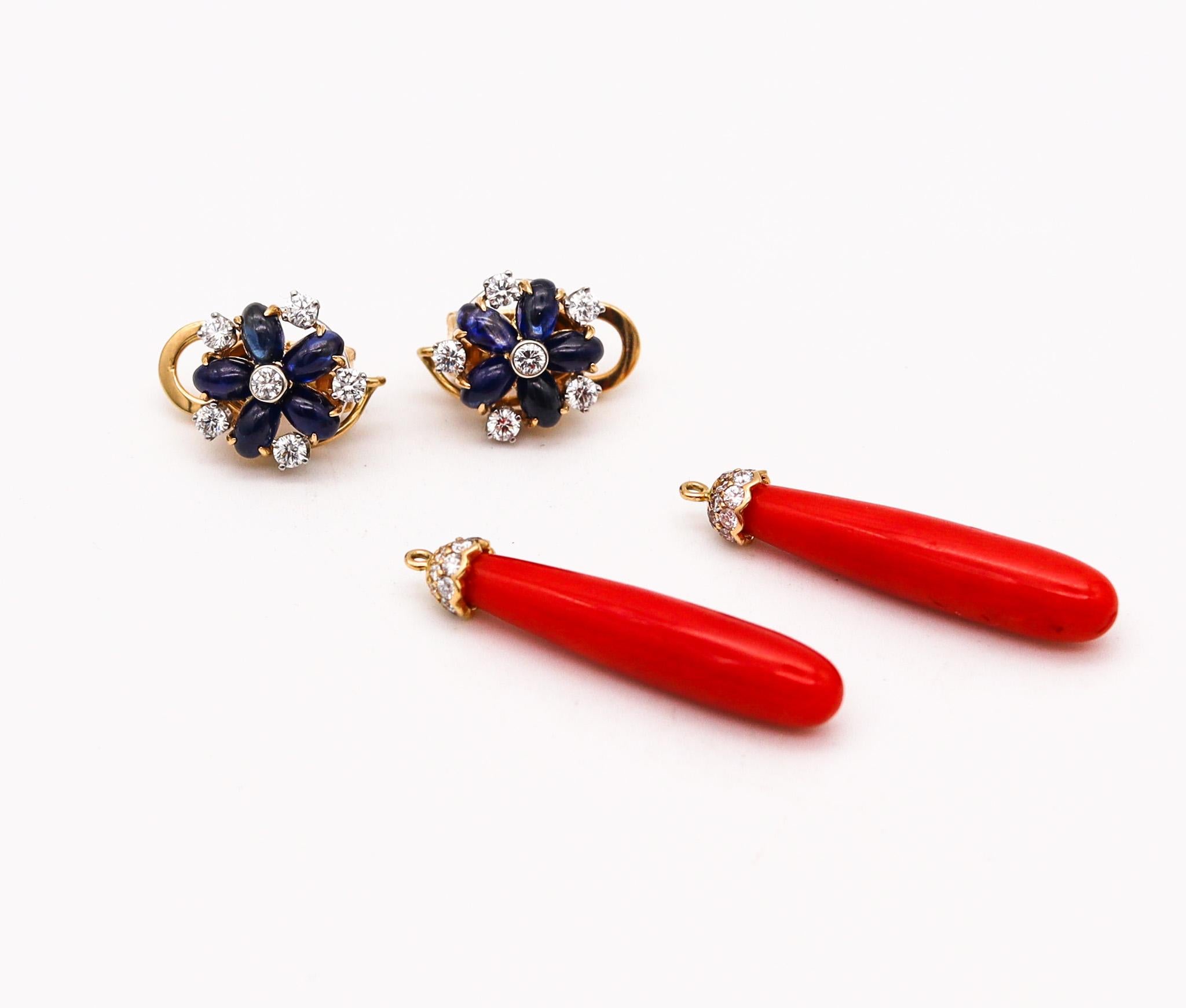 Modern Aletto Brothers Convertible Dangle Earrings 18Kt Gold 21.73 Ctw Diamonds & Coral For Sale