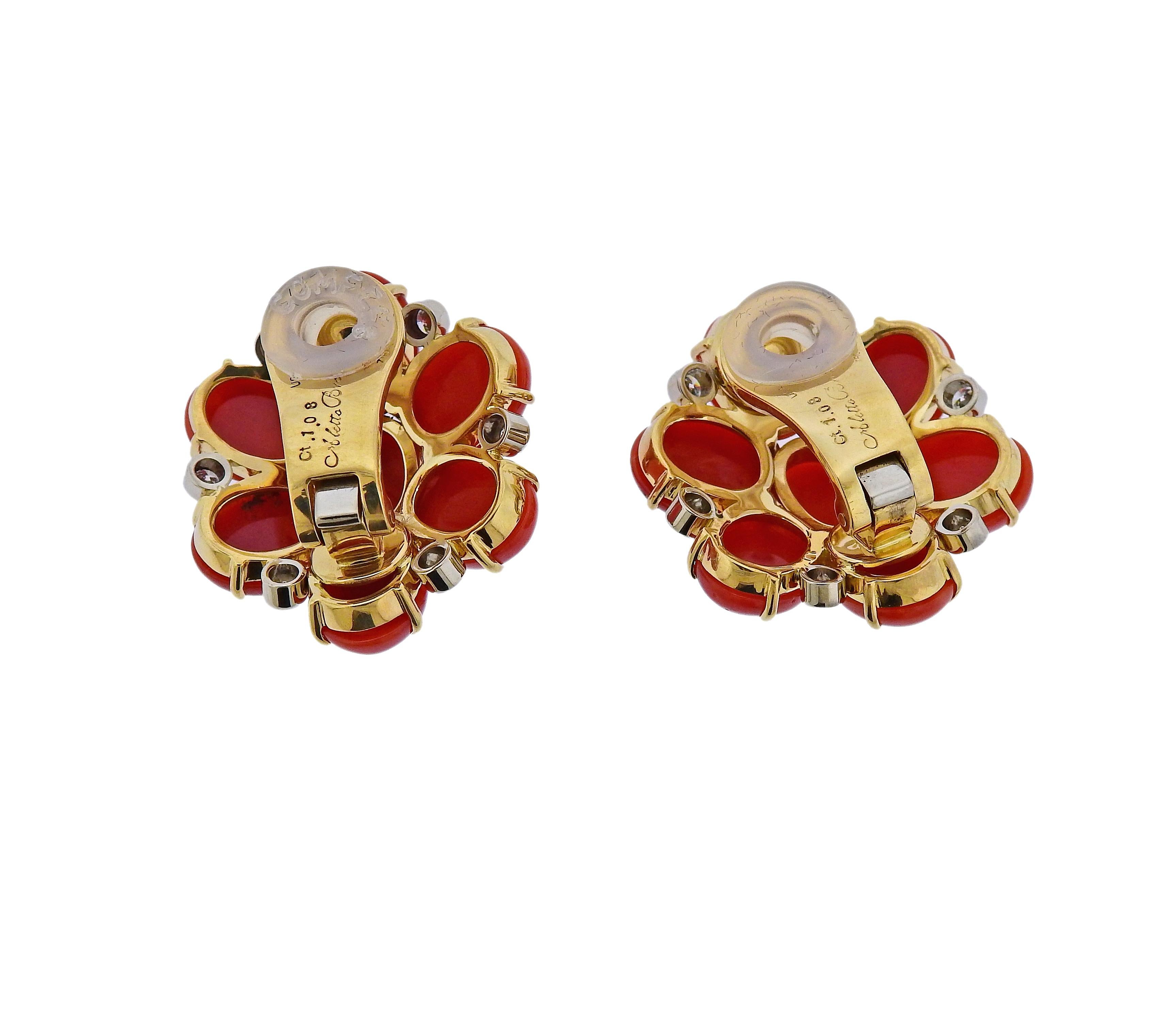 Pair of new 18k yellow gold floral earrings by Aletto Brothers, set with Mediterranean coral and 1.08ctw in VVS-VS/G diamonds. Earrings are 27mm x 25mm.  Weigh 26.6 grams. Marked: USA, ct 1.08, 750, Aletto Bros.